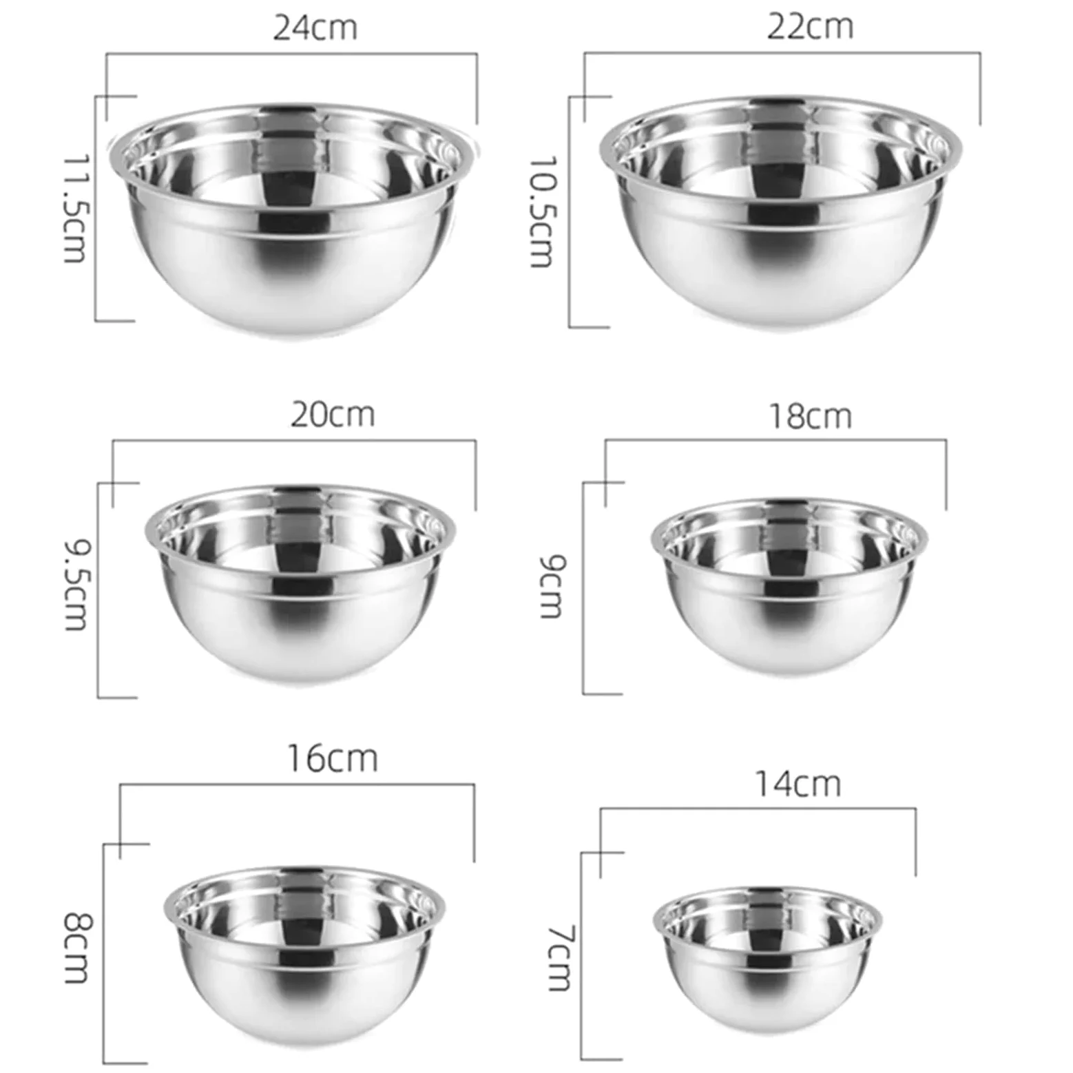 Bol De Acero Inoxidable Juego de 6 cuencos acero inoxidable for mezclar, for cocina, comedor, ensalada, for cocinar, hornear y almacenar alimentos(14-24cm)