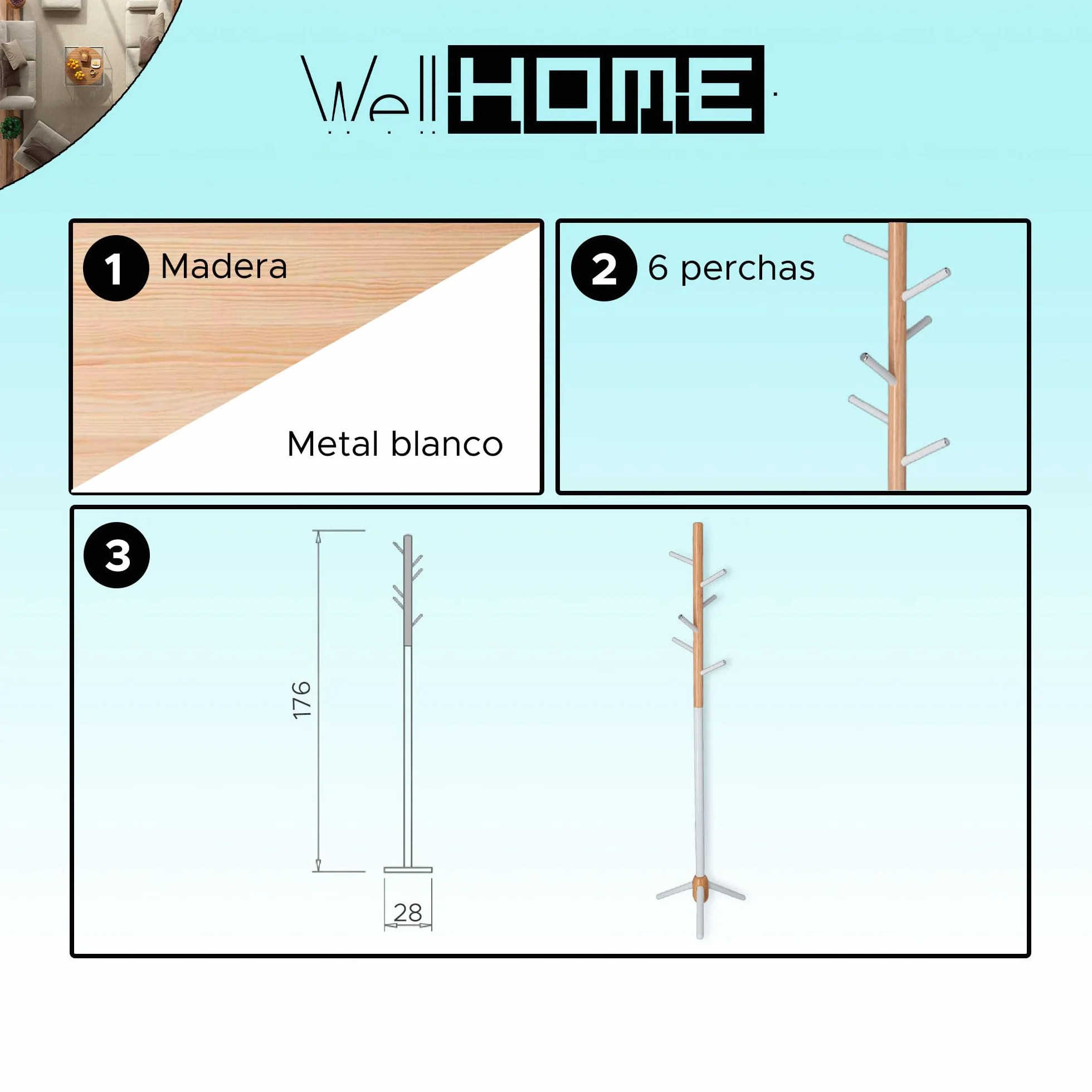 WELL HOME MOBILIARIO & DECORACIÓN Perchero Infantil Half de 6 Perchas, en Metal Blanco y Madera, 28x28x176 cm