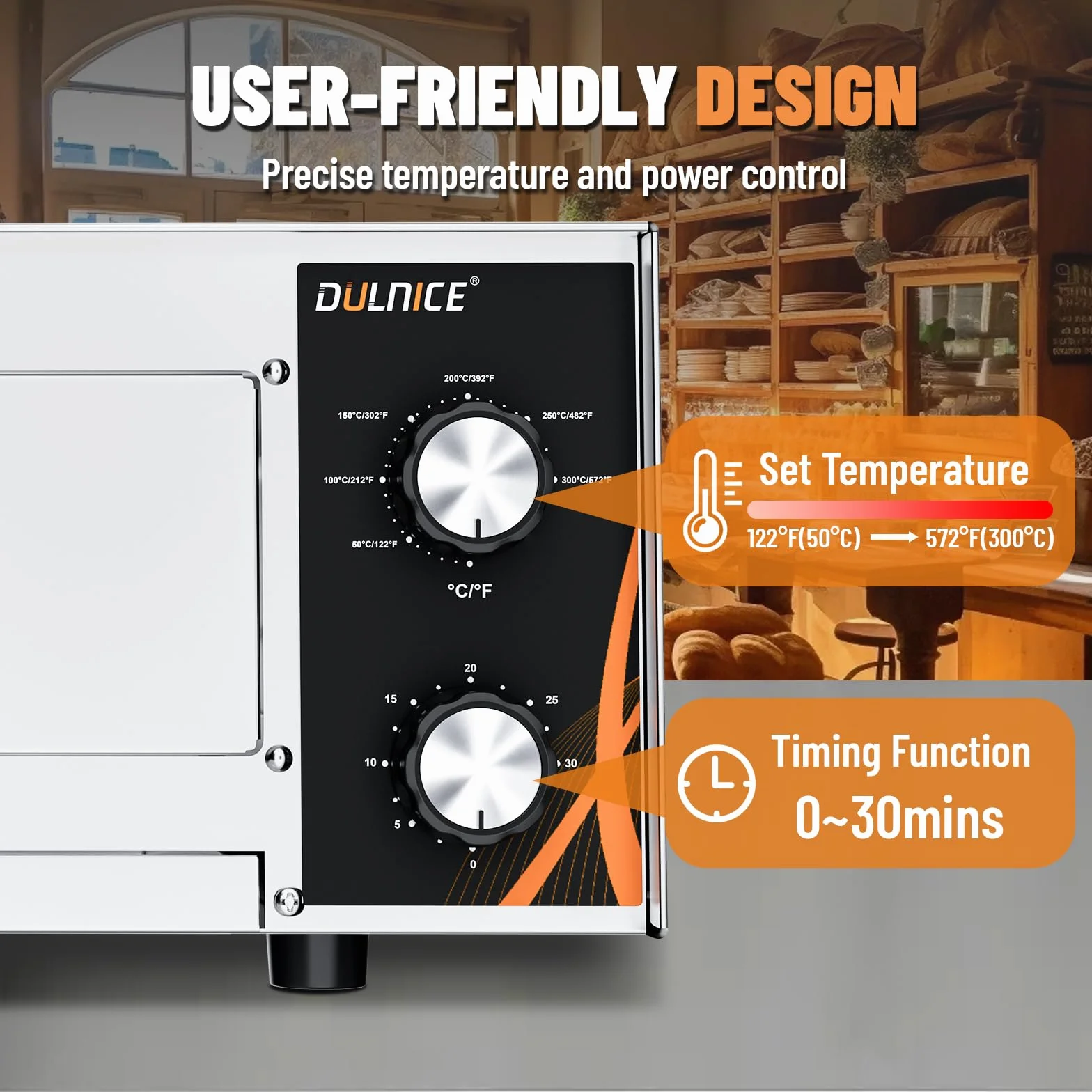 Horno eléctrico para pizza 1500W,Acero Inoxidable con 30 Minutos Temporizador, Rango de Temperatura 50-300℃, Ideal para Familia y Comercio