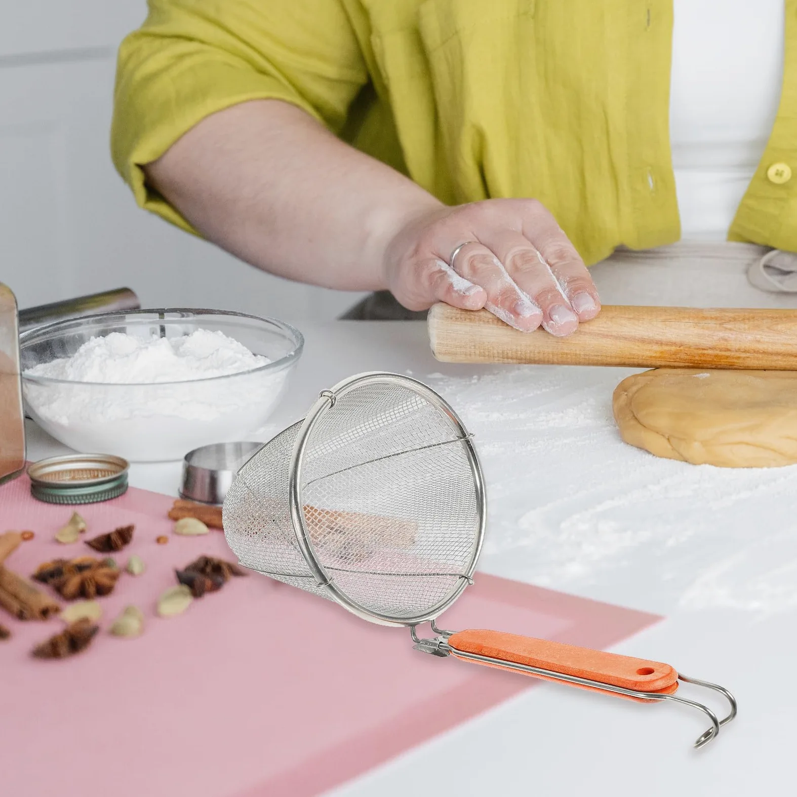 POPETPOP Colador de Acero Inoxidable con Mango de Madera para Cocina, 4 Piezas, Escurridor Ligero Drenaje Rápido Adecuado para Colar Fideos y Pasta Cocina