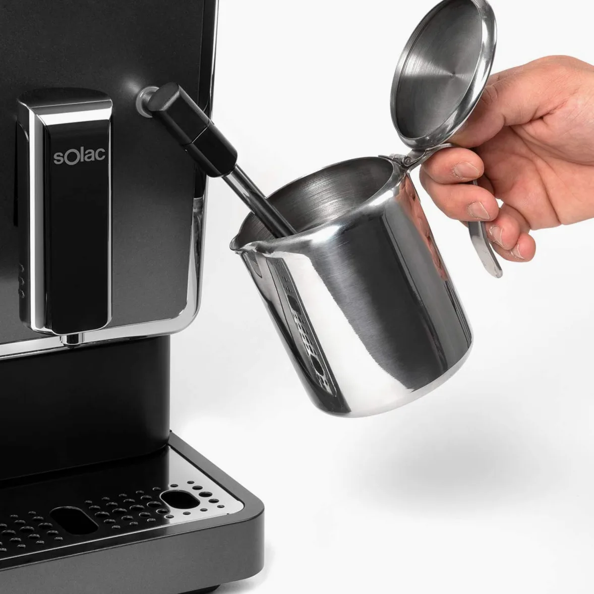 Solac - Cafetera Súper Automática | Thermoblock | 19 bar | 1470W | Diseño compacto 18cm | Café en 40s | Espuma y Calienta leche | Auto limpieza | Café espresso, suave y favoritos personalizables