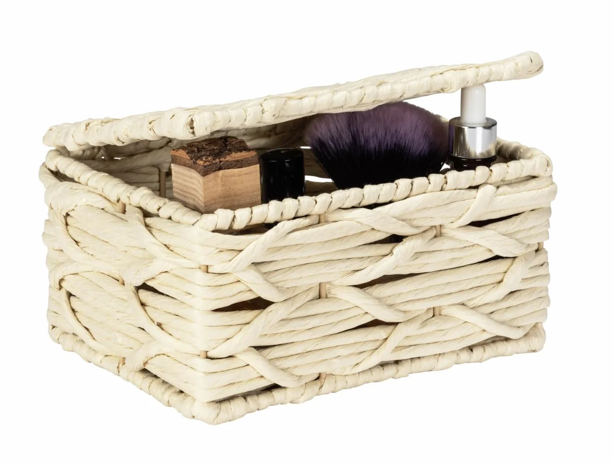 Wenko Badbox Vabriano-Cesta de Almacenamiento de Papel Trenzado con Tapa para baño y Oficina, 19 x 10 x 14 cm, Estilo Bohemio, Color Beige, Metal Lacado