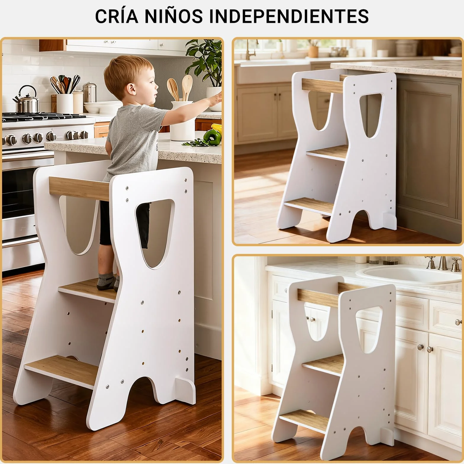 COSYLAND Torre de Aprendizaje Montessori Madera Altura Ajustable 3 Niveles Barandillas Seguridad Natural Blanco