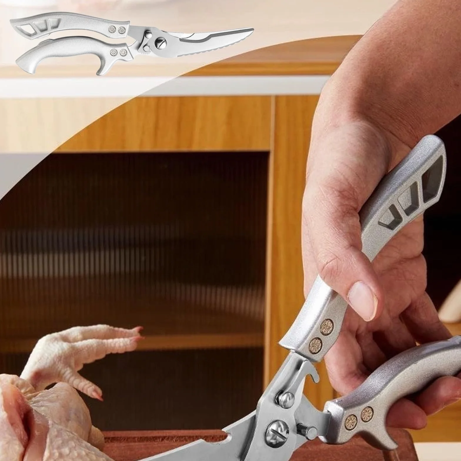 Tijeras para Aves Profesionales de Acero Inoxidable - Cuchilla Dentada, Tijeras de Cocina para Cortar Pollo, Carne con Huesos, Verduras y Pescado