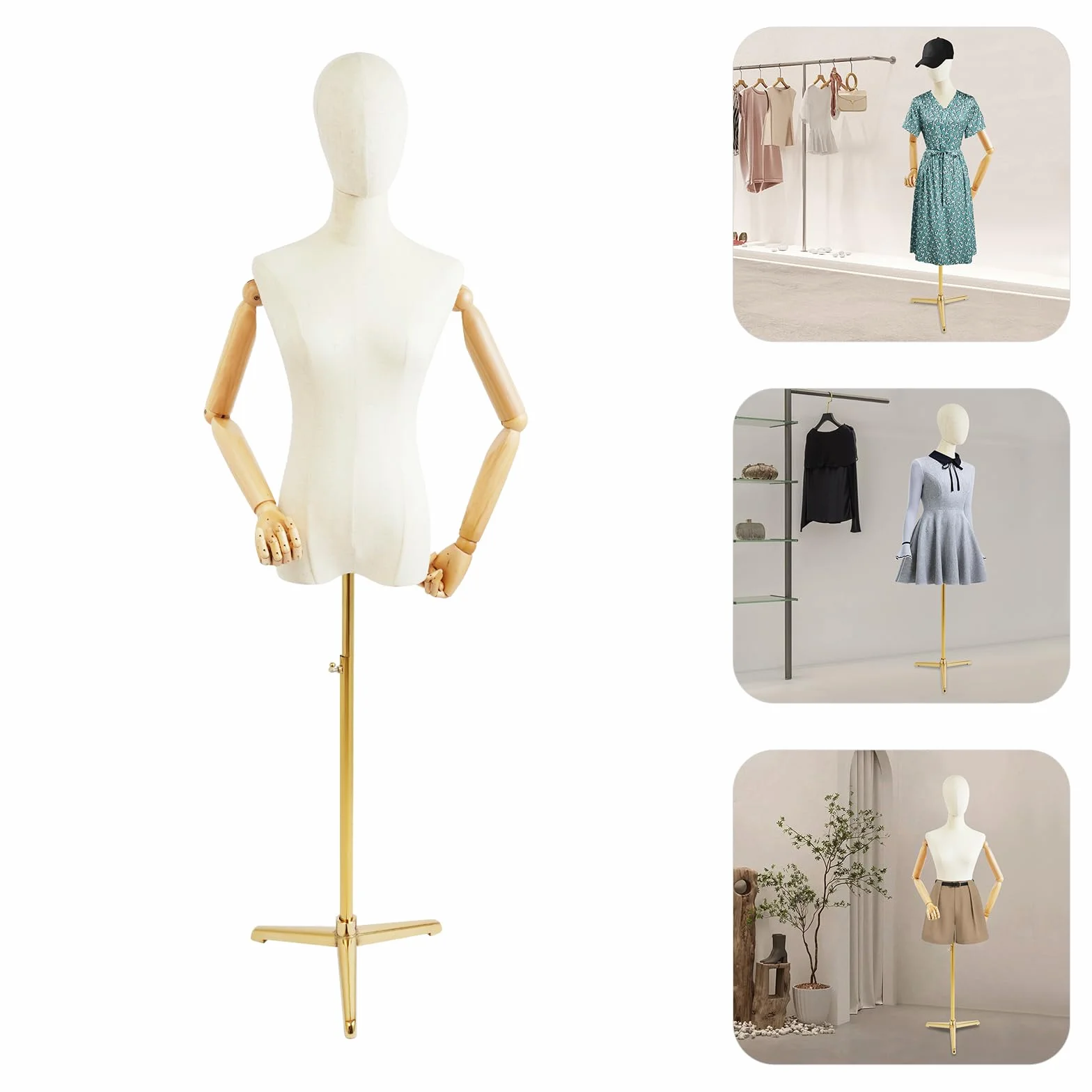 Maniquí femenino con pantalla de cuerpo de maniquí de altura ajustable con brazos flexibles (dorado, 157 cm - 215 cm)