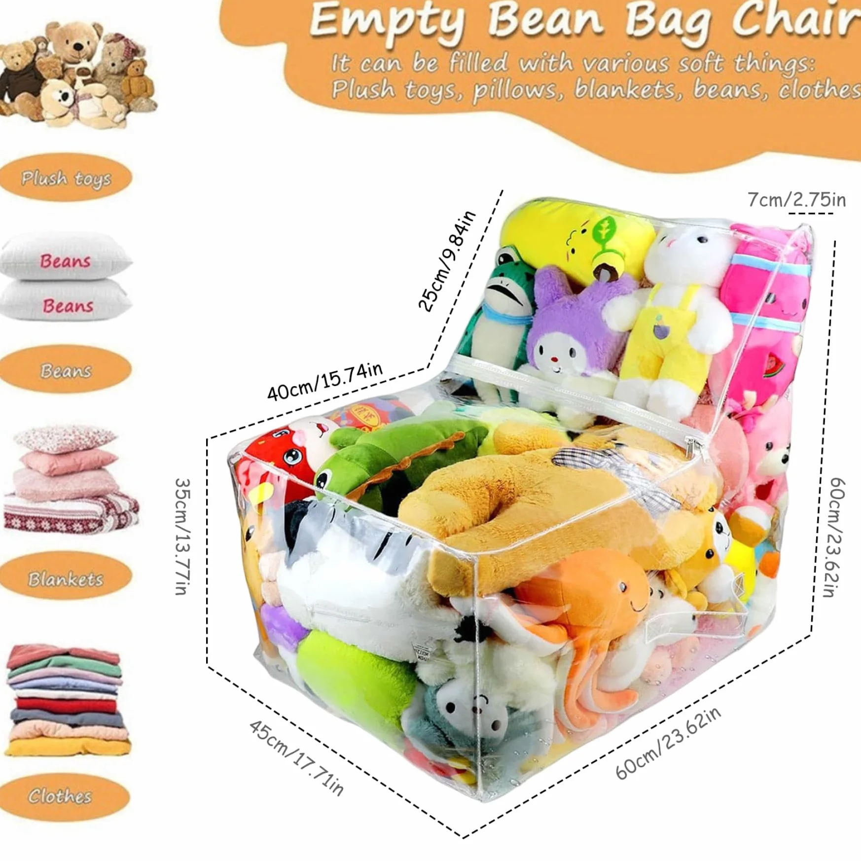 Funda Transparente para sillón puf de Peluche, Resistente al Polvo, de PVC Transparente, con Cremallera, para niños, Impermeable.