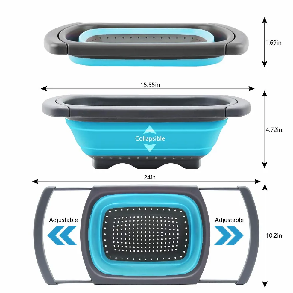 QiMH Juego de 3-2 coladores plegables de 4 cuartos y 1 colador de 6 cuartos de galón sobre el fregadero, base de plástico resistente de grado alimenticio, colador de alimentos plegable de silicona