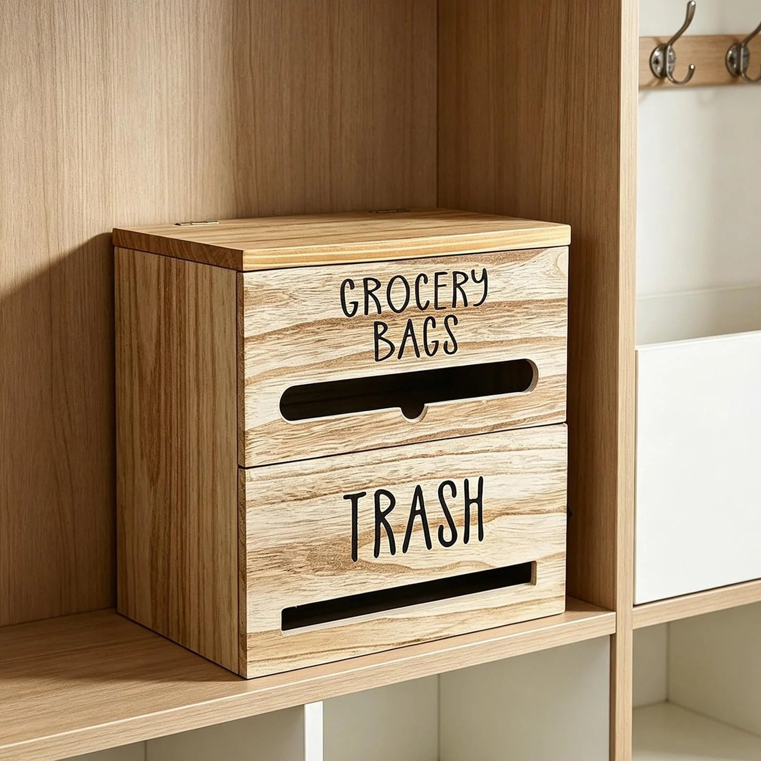 Milageto Dispensador de Bolsas de Basura de Pared, Organizador de Almacenamiento de Madera para Bolsas de supermercado, Ideal para Cocina, Oficina, encimera, Marrón Claro