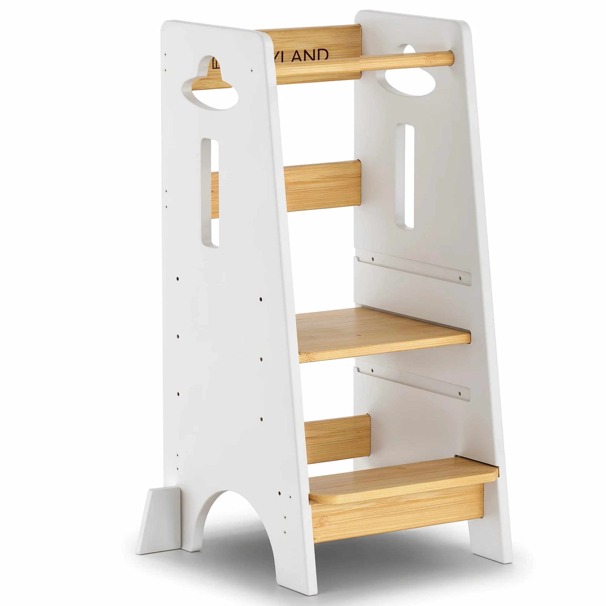 COSYLAND Torre de Aprendizaje Montessori Madera para Niños 18 Meses Altura Ajustable 3 Niveles Barandillas Seguridad 85CM Blanco Natural