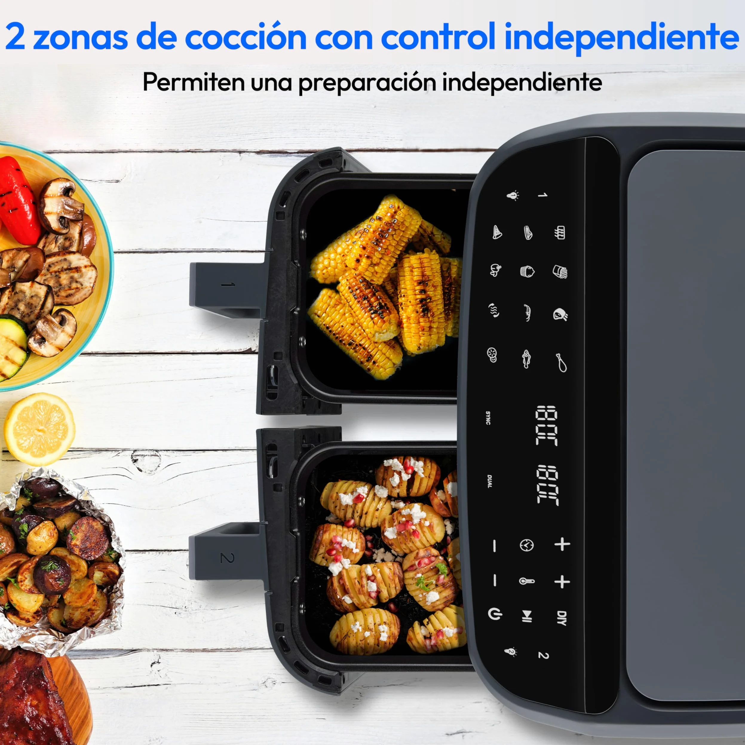 MEDION P20 XXL Freidora de Aire Doble Cesta MD11760 Gris Mate | 8,7 L, 2600 W, 10 Programas, 2 Cajones, Ventana, Air Fryer Dual XXL