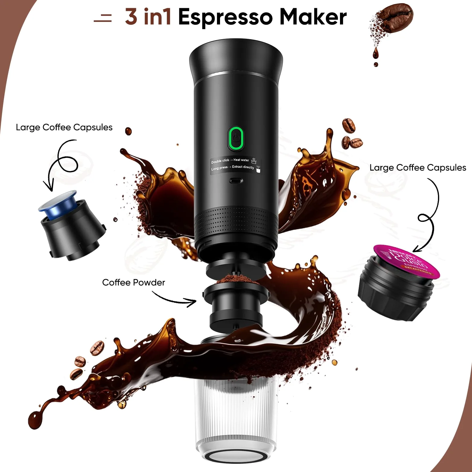 Máquina de café expreso portátil, cafetera de viaje para camping, cafetera autocalentable con USB-C, compatible con café molido y cápsulas NS, cafetera espresso portátil para RV, hogar, senderismo