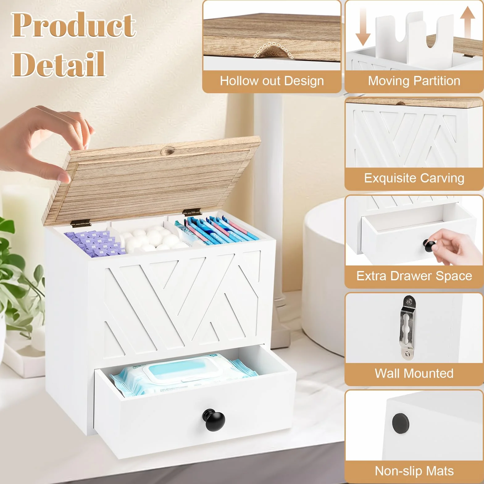 3 Compartimentos Caja Organizadora Compresas, Guarda Compresas y Tampones con Tapa Diseño Cajones para Salvaslips de Madera, para Artículos de Higiene Íntima para Niñas, Mujeres y Señoritas (Blanco)