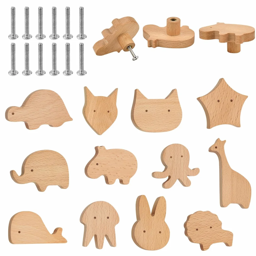 12PCS Tiradores de Armarios Infantiles, Pomos de Madera Infantiles con Forma de Animales para Muebles, Pomos Infantiles para Cajones con Tornillos para Cajones, Armarios, Cómoda
