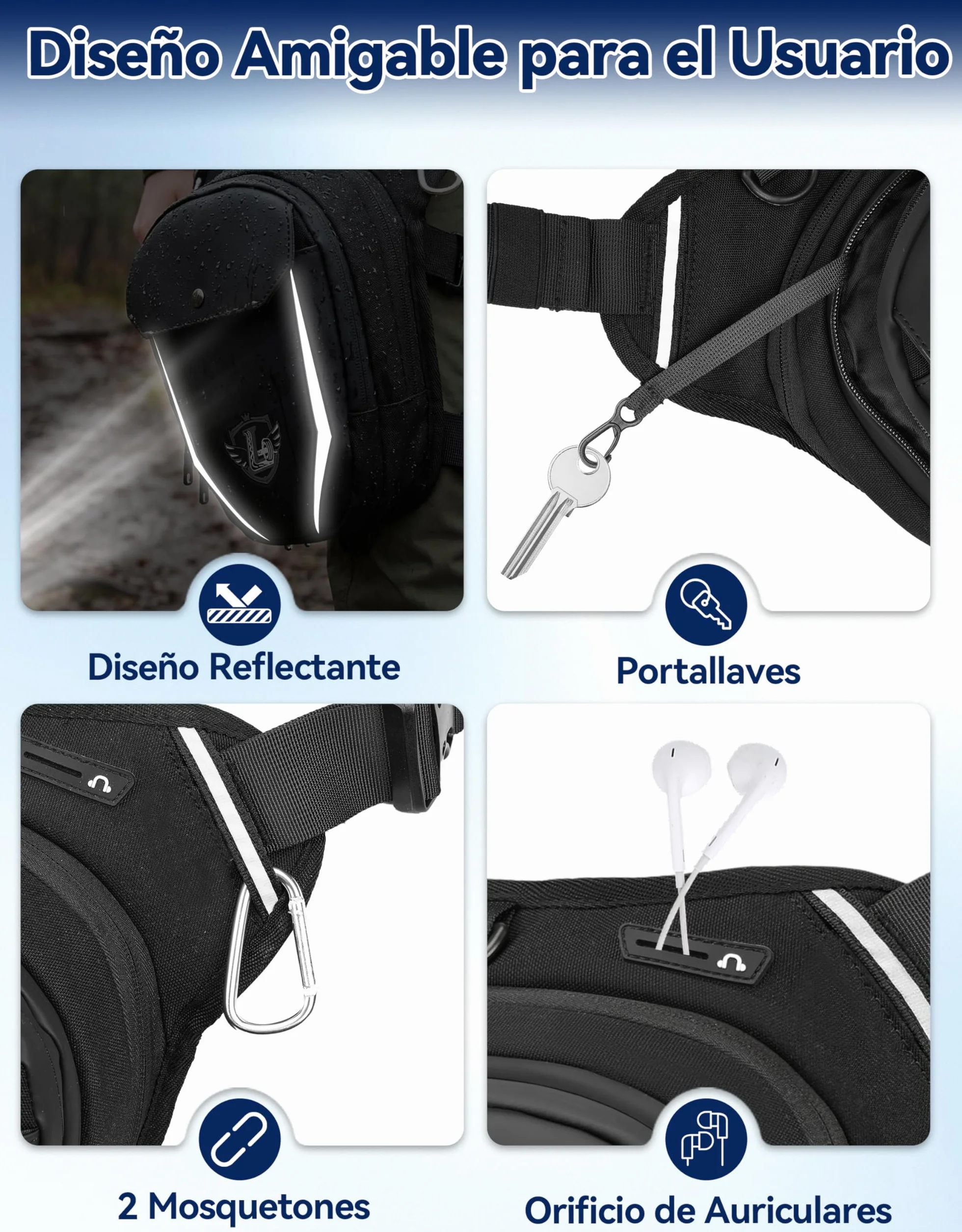 Leathario Riñonera Pierna Impermeable Multifunción Moto con Correas Ajustables y Mosquetones Negro