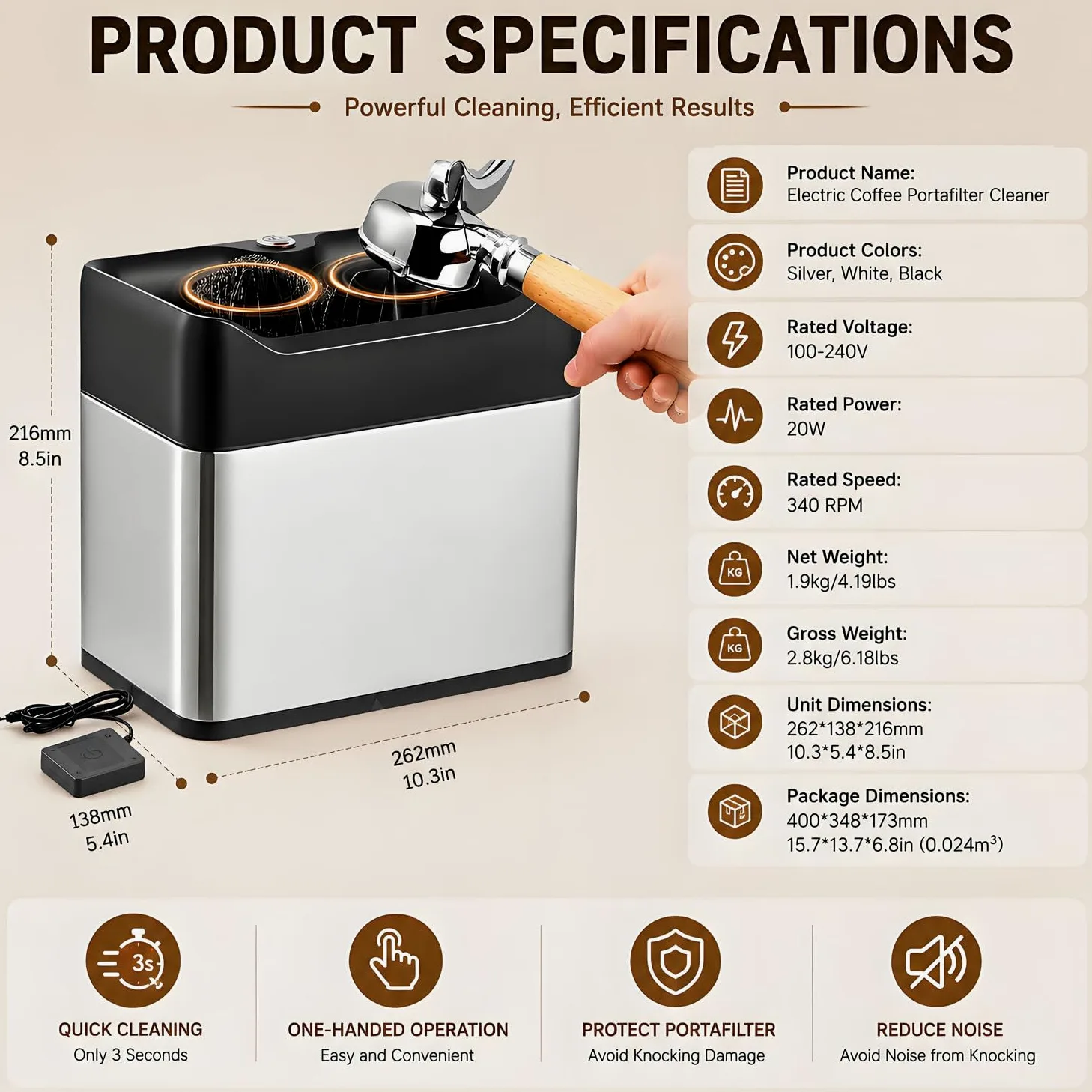 Máquina automática para limpiar restos de café y portafiltros; limpiador eléctrico con 3 raspadores y 2 cabezales de cepillo; capacidad de 3 L, compatible con portafiltros de 51 mm y 58 mm. Black