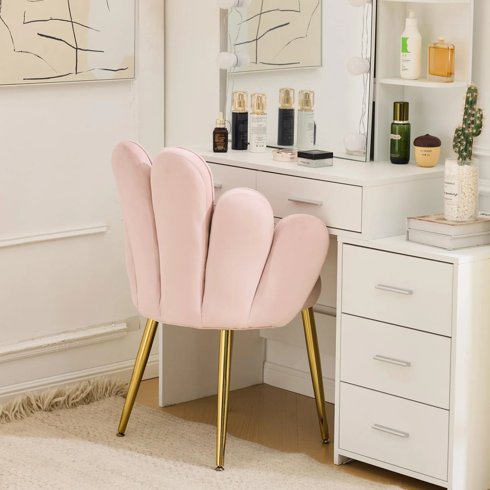 Bonnlo Silla de Maquillaje con Respaldo de Pétalos, Silla Tocador, Sillas de Comedor Elegantes, Patas Doradas Ajustables, Sillón Salón para Tocador, Dormitorio u Oficina en Casa (Terciopelo, Rosa)