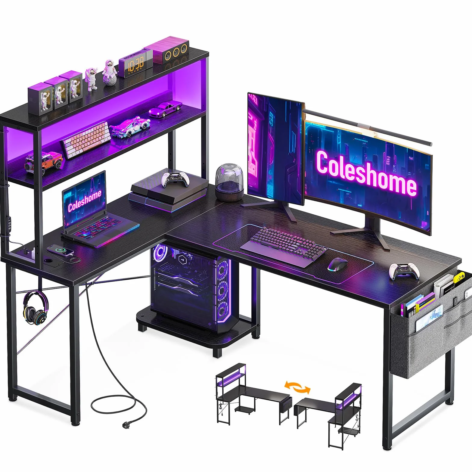 Coleshome Escritorio Gaming en L con LED y Enchufes, 135 × 100 cm Escritorio Gamer Reversible con Estantes, Escritorio Esquinero con Bolsa de Almacenamiento y Gancho para Jugadores, Negro