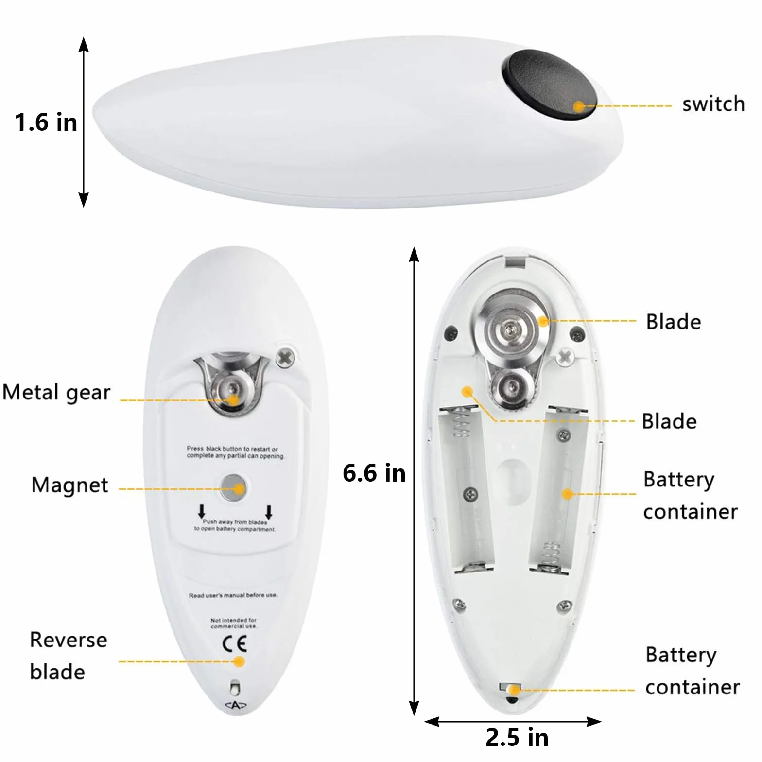 Abrelatas eléctrico de un solo toque, con borde liso, automático, apto para alimentos y funciona con pilas, regalo de cocina para artritis y personas mayores