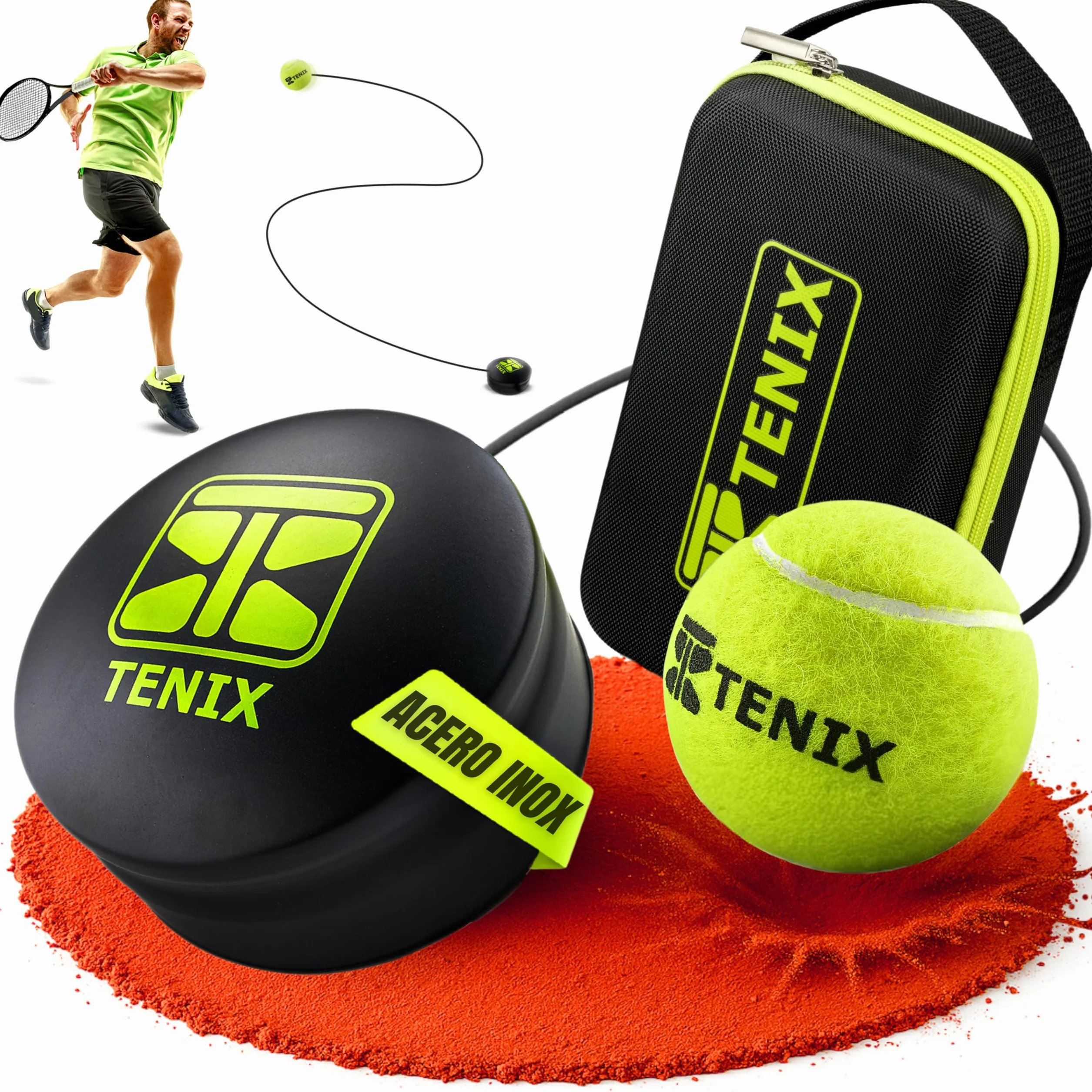 TENIX® Entrenador Padel/Tennis [con Base de Acero Inoxidable] Juego Individual para niños y Adultos | Entrenamiento en el Patio, el Parque o la Pista | ¡Tu Entrenador, Siempre contigo!