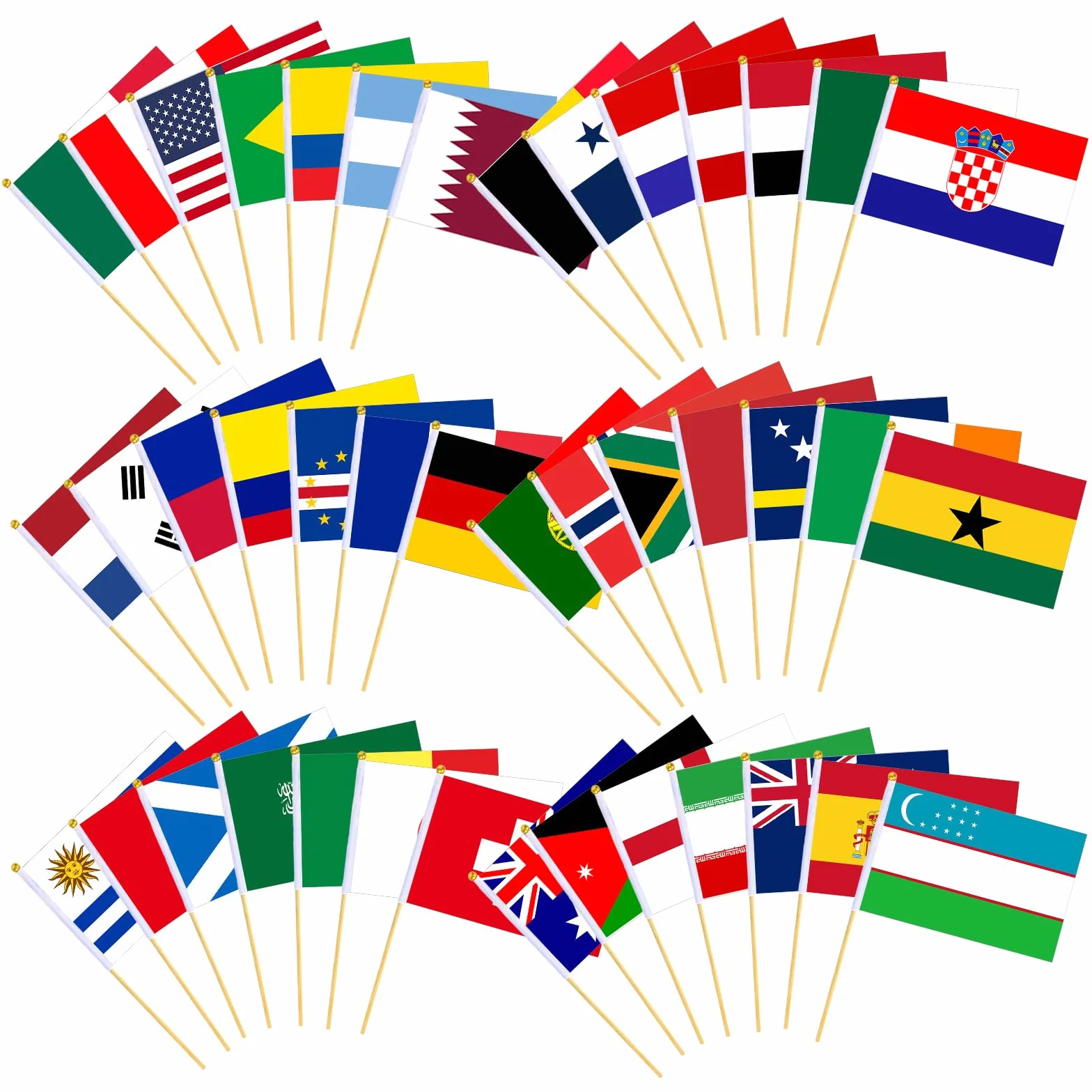 Banderas de Países Pequeñas 30 cm para Decoración Mundial 2026, Hechas a Mano con Polo Blanco, Doble Cara