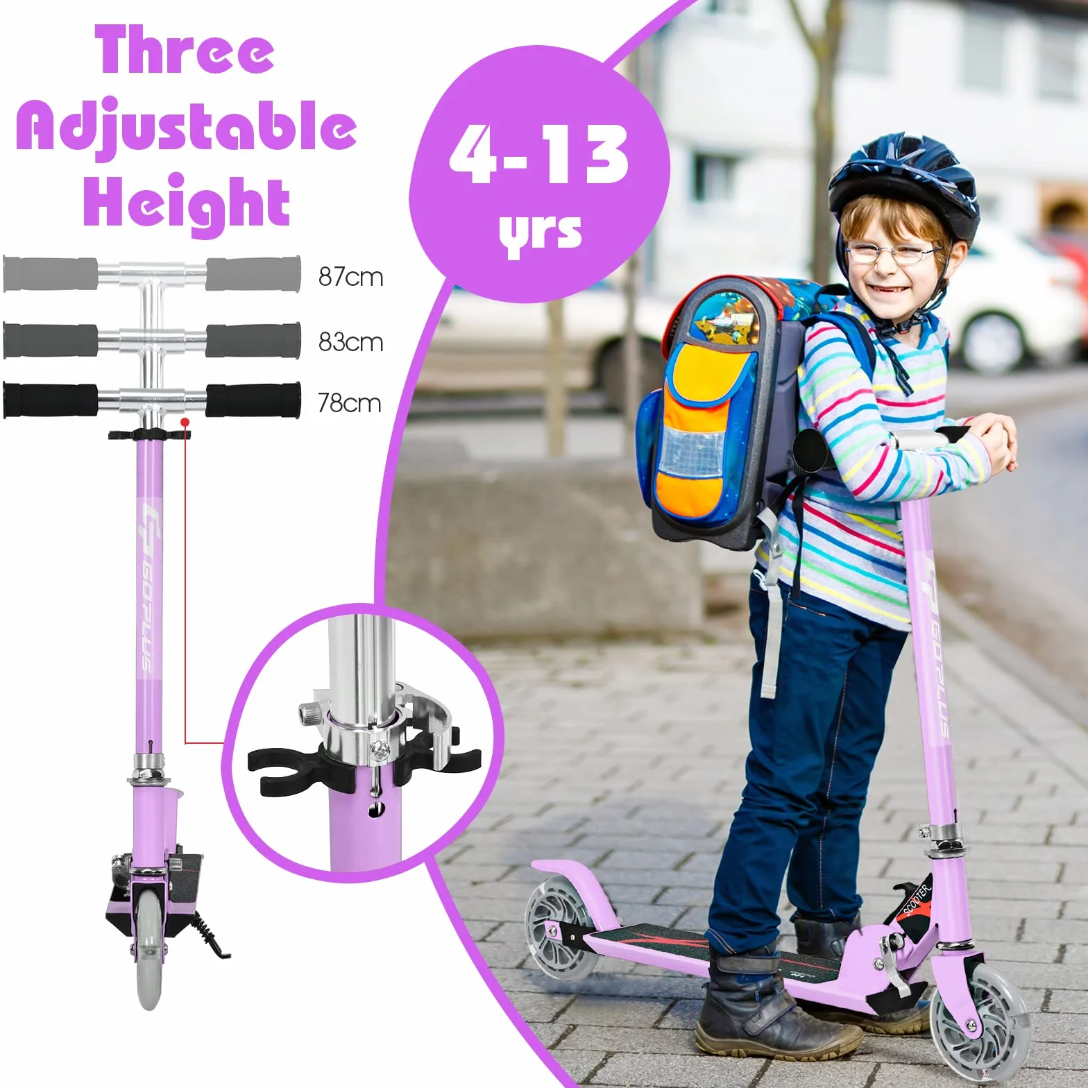 KOMFOTTEU Patinete para Niños 2 Ruedas LED Plegable Aluminio Altura Regulable Scooter Infantil Carga 70 kg 4+ Años