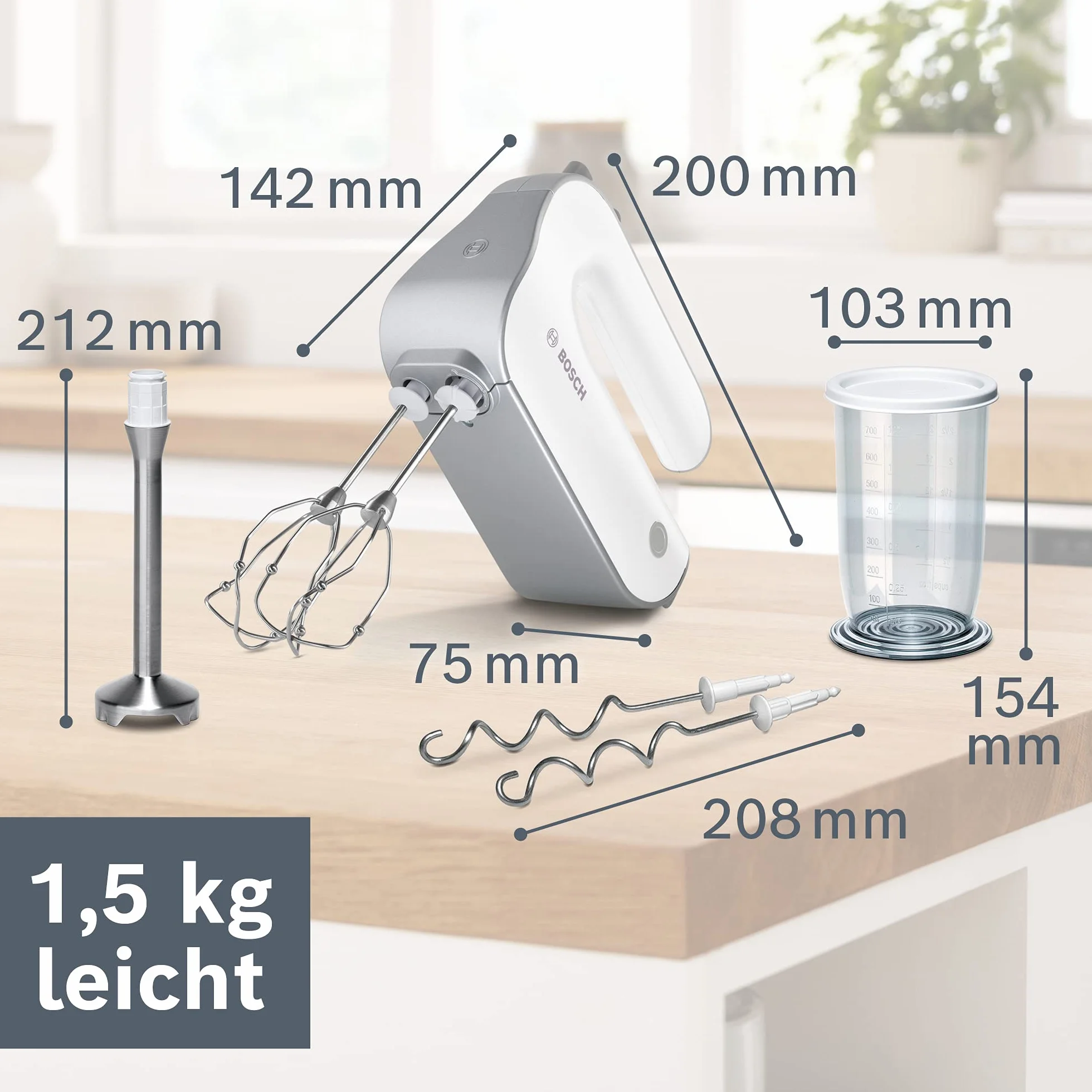 Bosch MFQ4075DE - Batidora (Batidora de mano, Plata, Blanco, Batir, Mezcla, 1,4 m, De plástico, 550 W)
