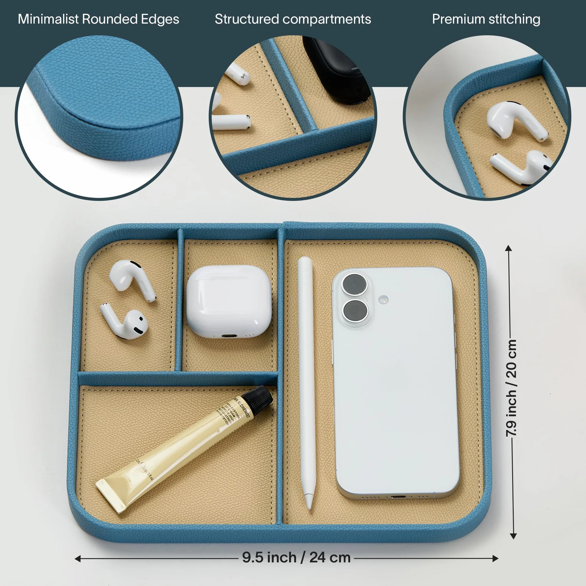 Nordik - Bandeja de cuero para valet - Azul Nordik - Bandeja mediana de cuero vegano de 9.5 x 7.9 pulgadas - Elegante organizador de mesita de noche para hombres - Moderno organizador de mesita de