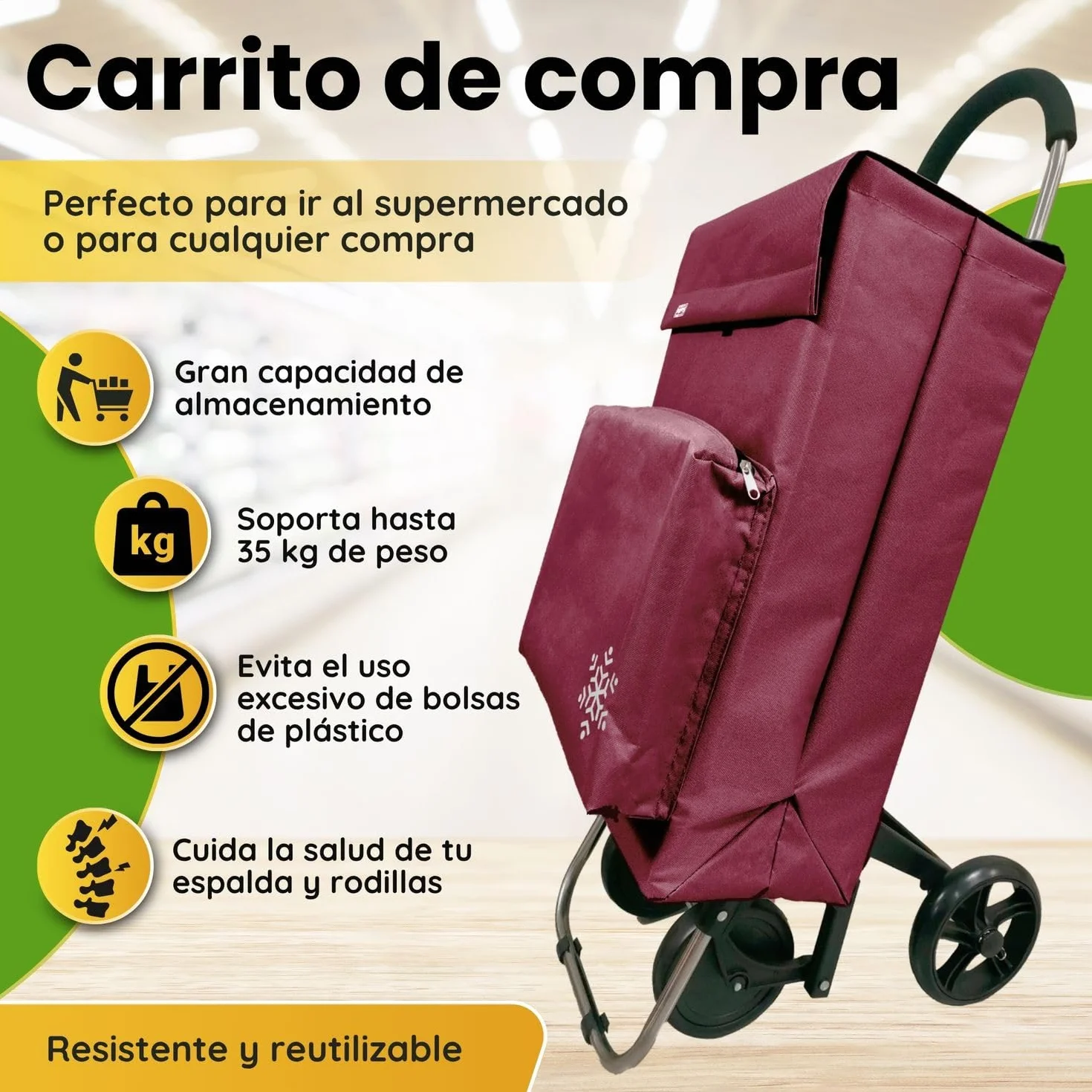 Carro de la Compra 50L con Compartimento Refrigerante y Gancho, 4+2 Ruedas Ideal Supermercado Granate