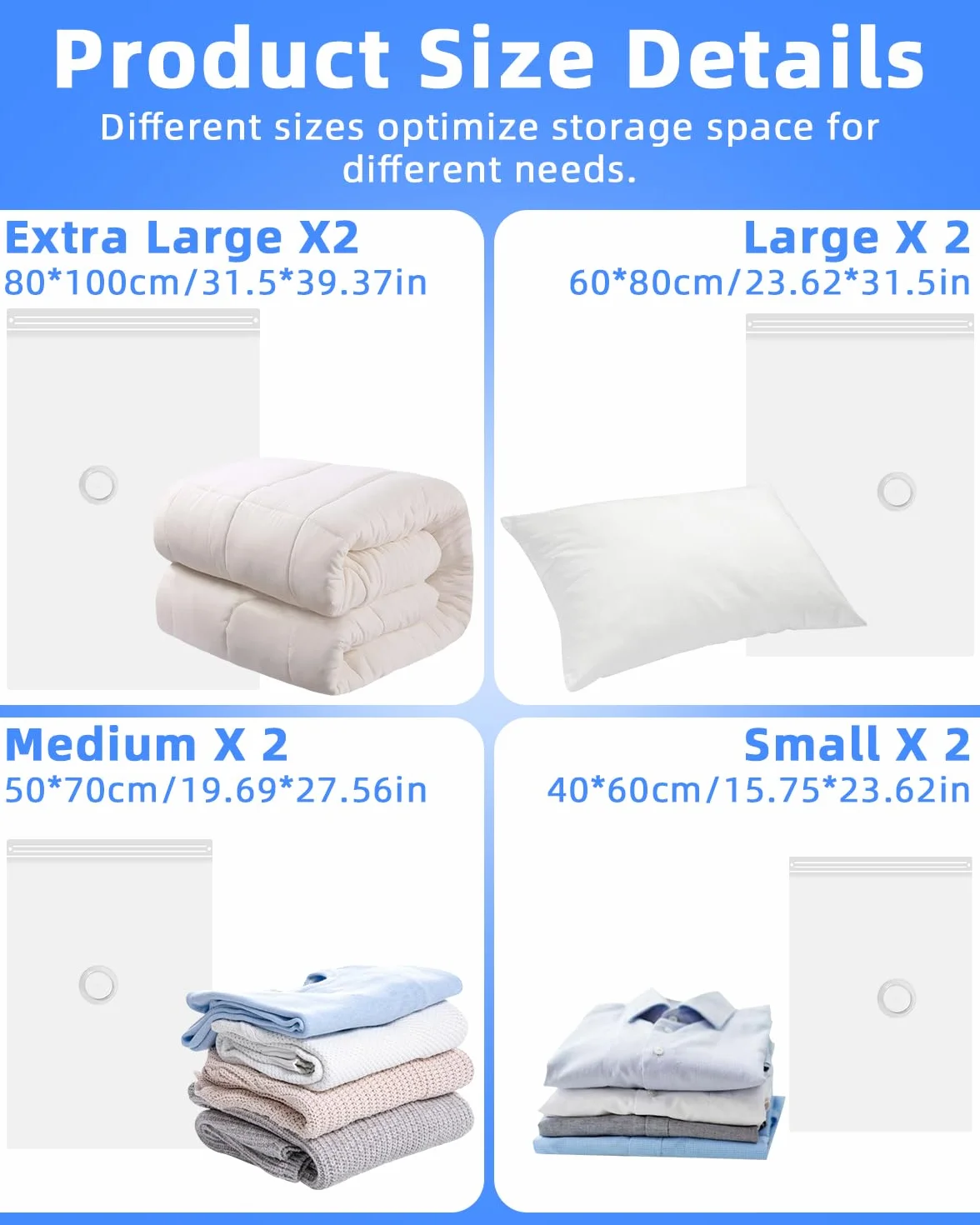 Bolsas de Vacío Ropa Bolsas Vacio Ropa con Bomba Eléctrica Bolsas Almacenaje (2 extragrandes 2 grandes 2 medianas y 2 pequeñas) para Edredón Almohada Manta Viajes Mudanzas