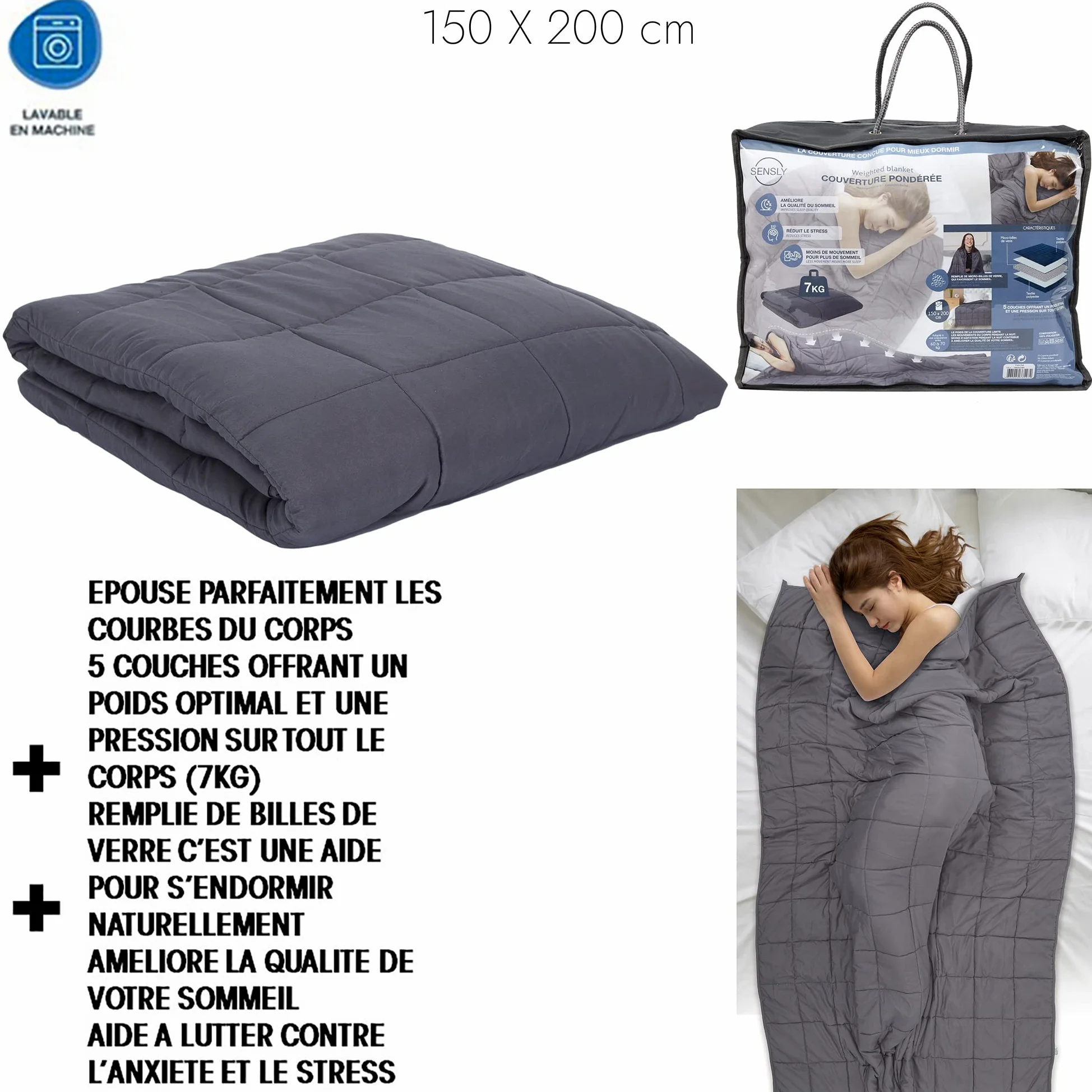 SENSLY - TX9158 - Manta Ponderada 7kg con Micro Bolas de Vidrio - 5 Capas - Mejora el Sueño y Reduce el Estrés - Dimensiones 150 x 200 cm - Gris - Idea de Regalo