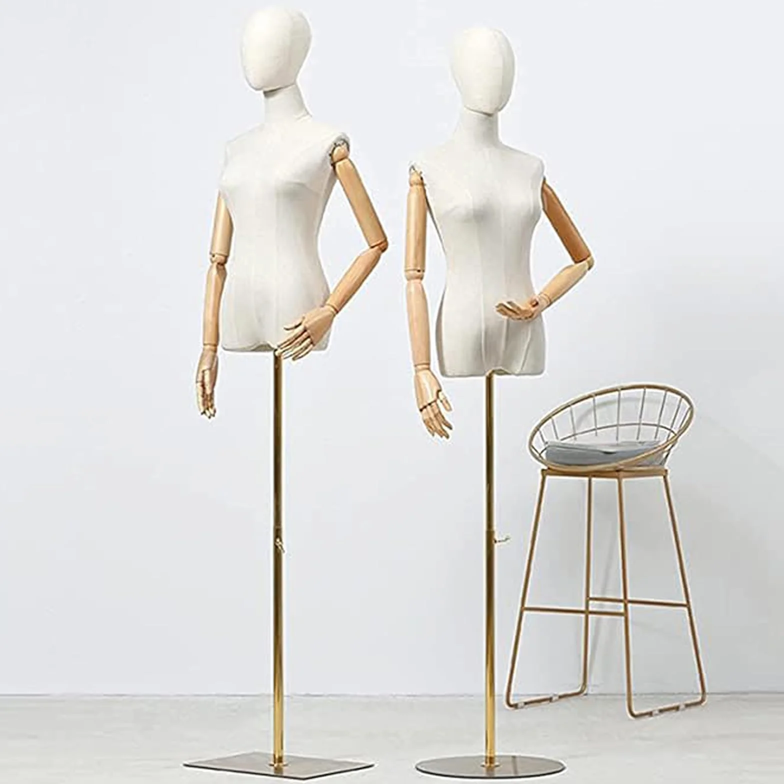 Maniquí Femenino con Forma de Torso de Vestido, Cuerpo de maniquí con Cabeza Desmontable, Manos de Madera y Soporte Dorado Ajustable de 55 a 80 Pulgadas de Altura, para exhibición de Joyas de Vestir