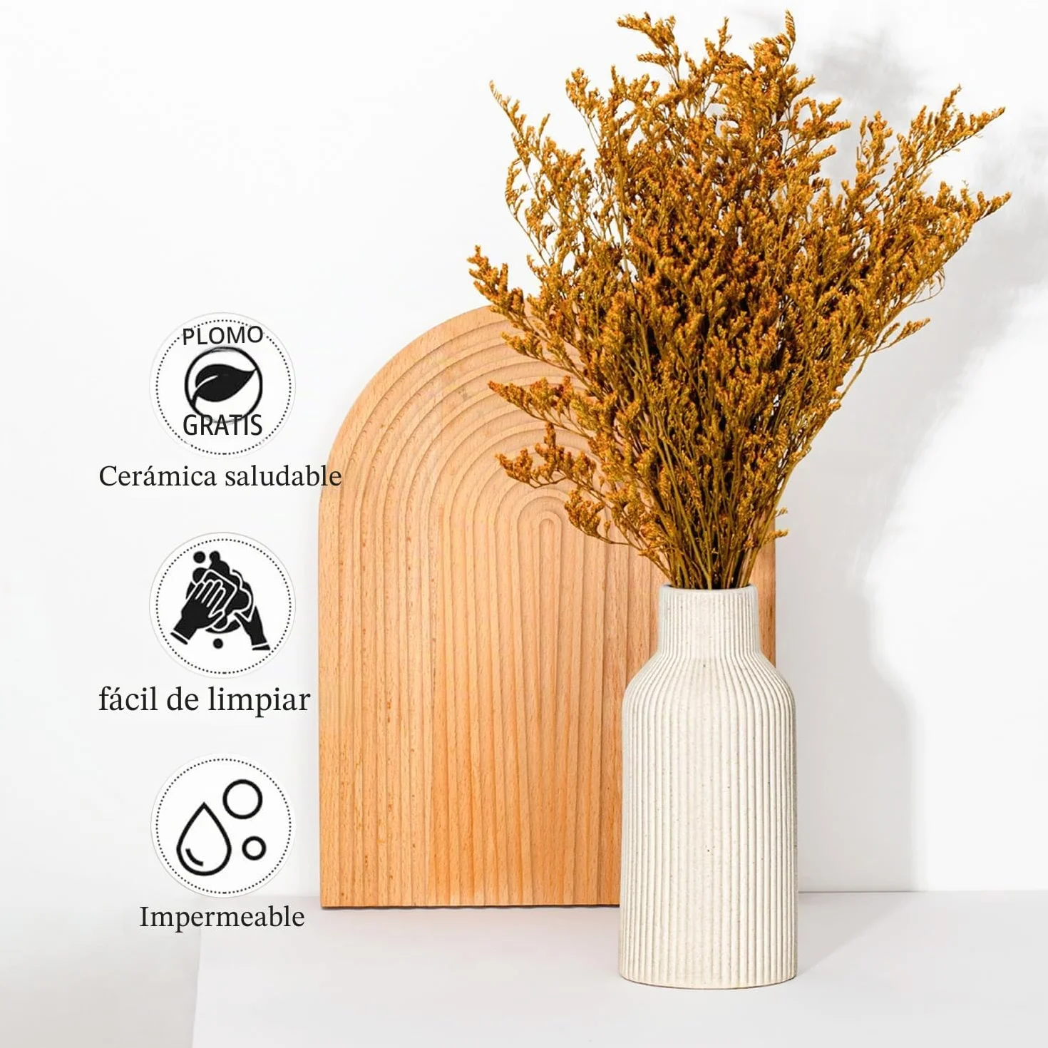 Jarrón para Hierba de Las Pampas, 20 cm, Cerámica Negro Mate, Redondo, Diseño Moderno, Bohemio para Decoración, Flores, Salón, Dormitorio (Beige)