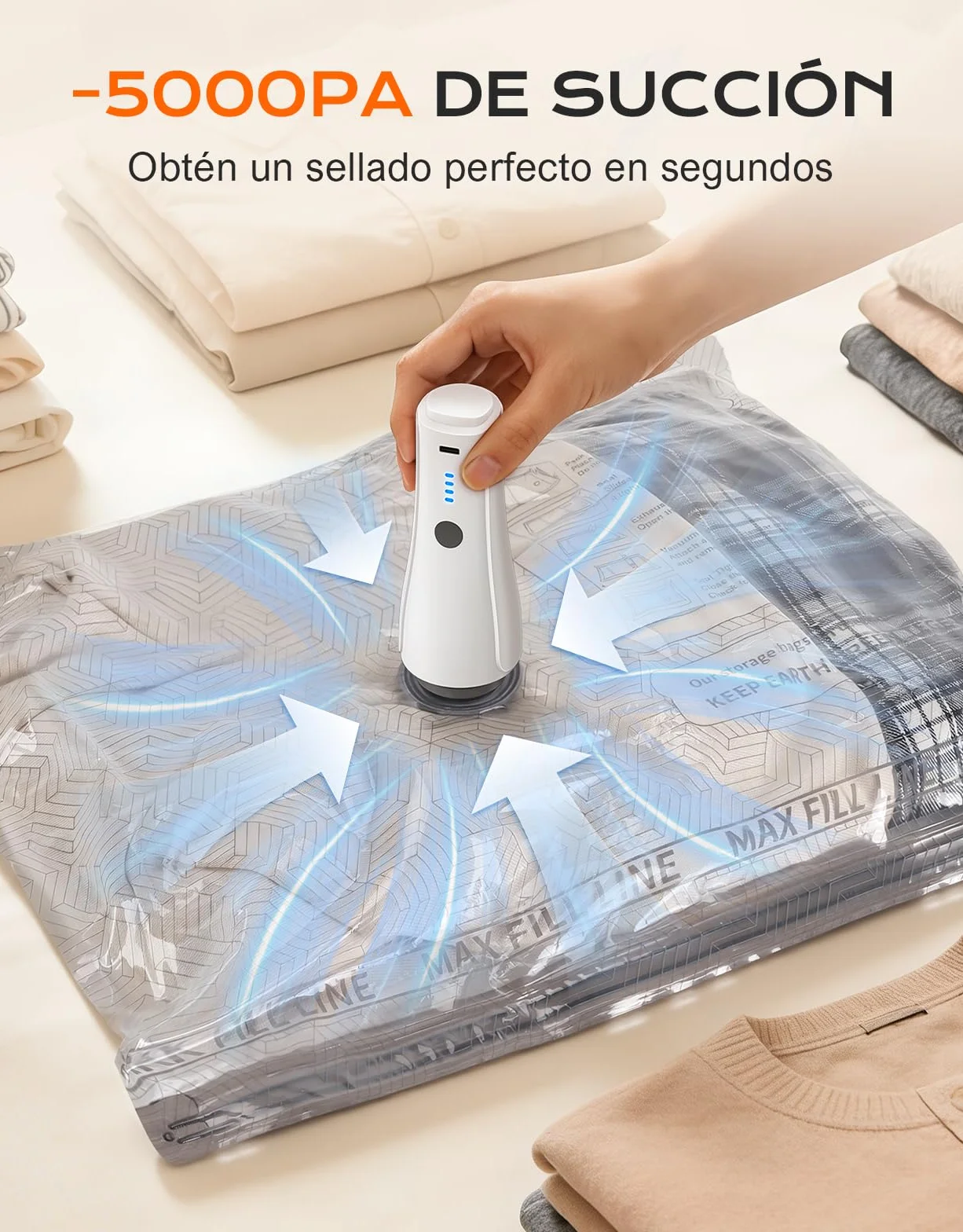 CIRYCASE 15 Piezas Bolsas Vacio Ropa con Bomba Eléctrica Recargable Inalámbrica [-5000PA de Succión], Bolsas Almacenaje Ropa Portátil para Viaje y Hogar, Saco de Vacio Reutilizable para Mantas y Ropa