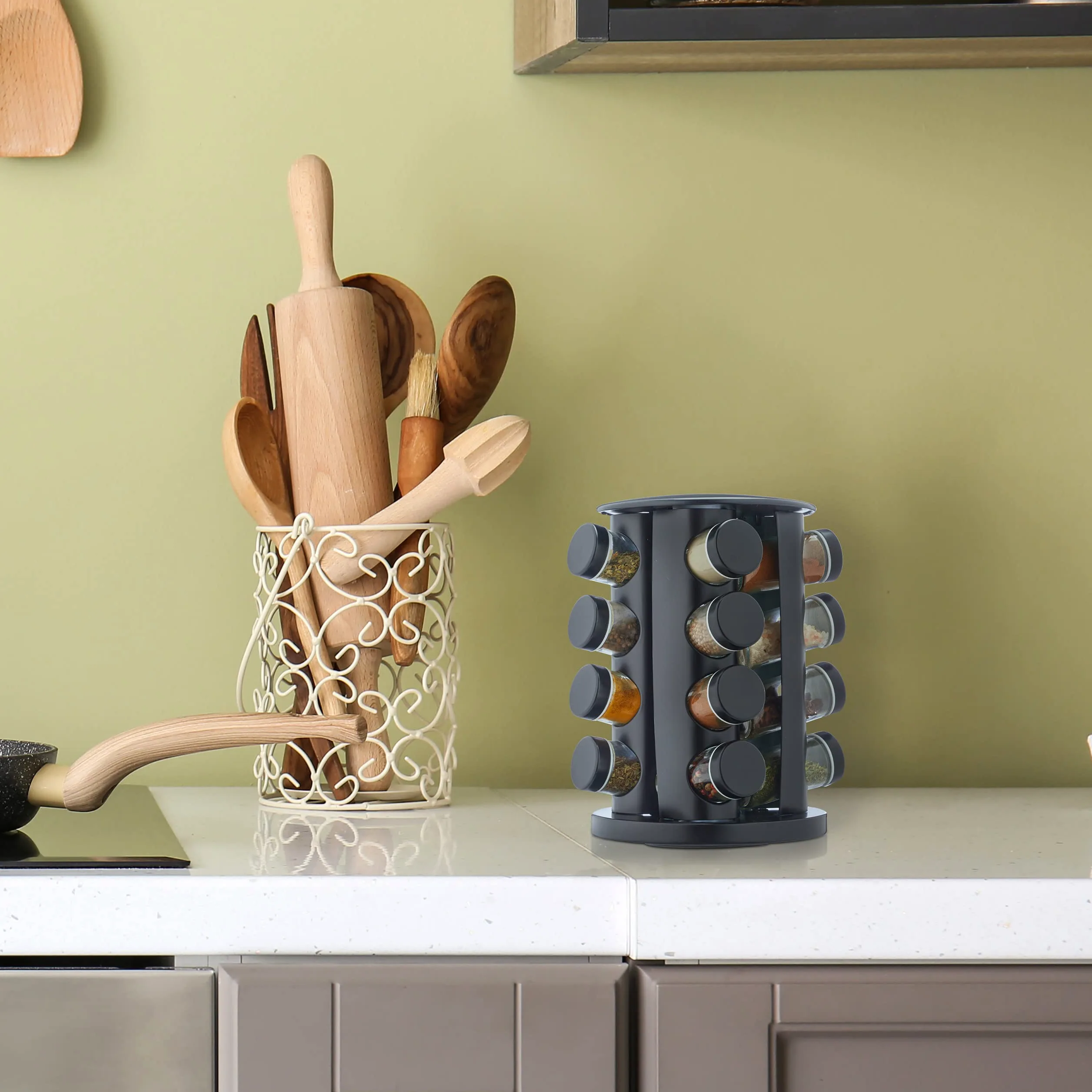 Relaxdays Especiero Giratorio con 16 Botes, con Dosificadores Rotatorio, Soporte Especias Reutilizable de Cocina, Negro