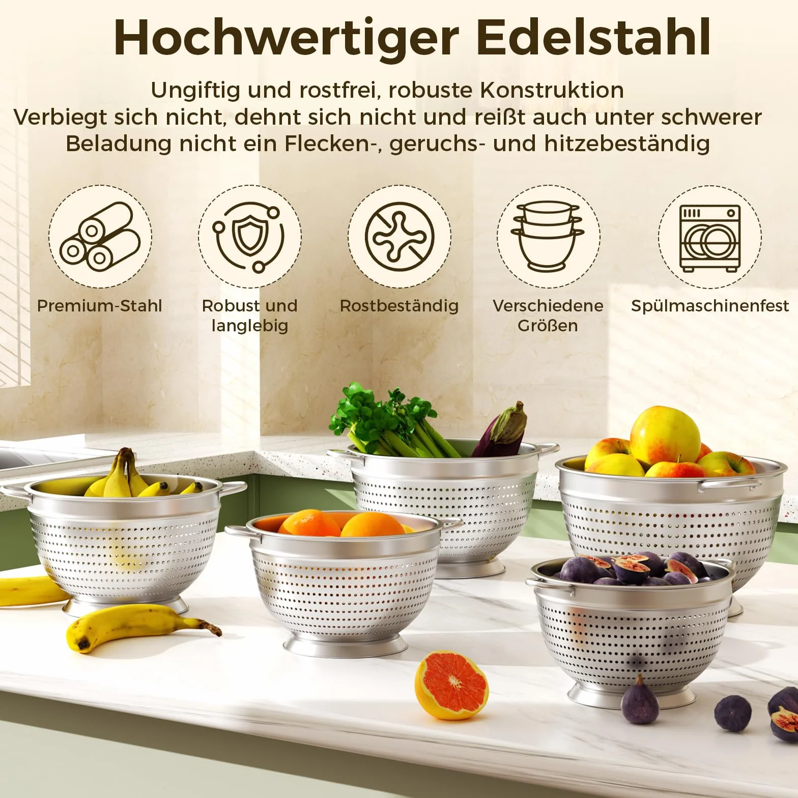 Juego de 3 coladores coladores de acero inoxidable, colador de cocina, colador de pasta de 20/24/26 cm, colador de cocina de metal con asa, colador de malla fina para lavar pasta, verduras, frutas y