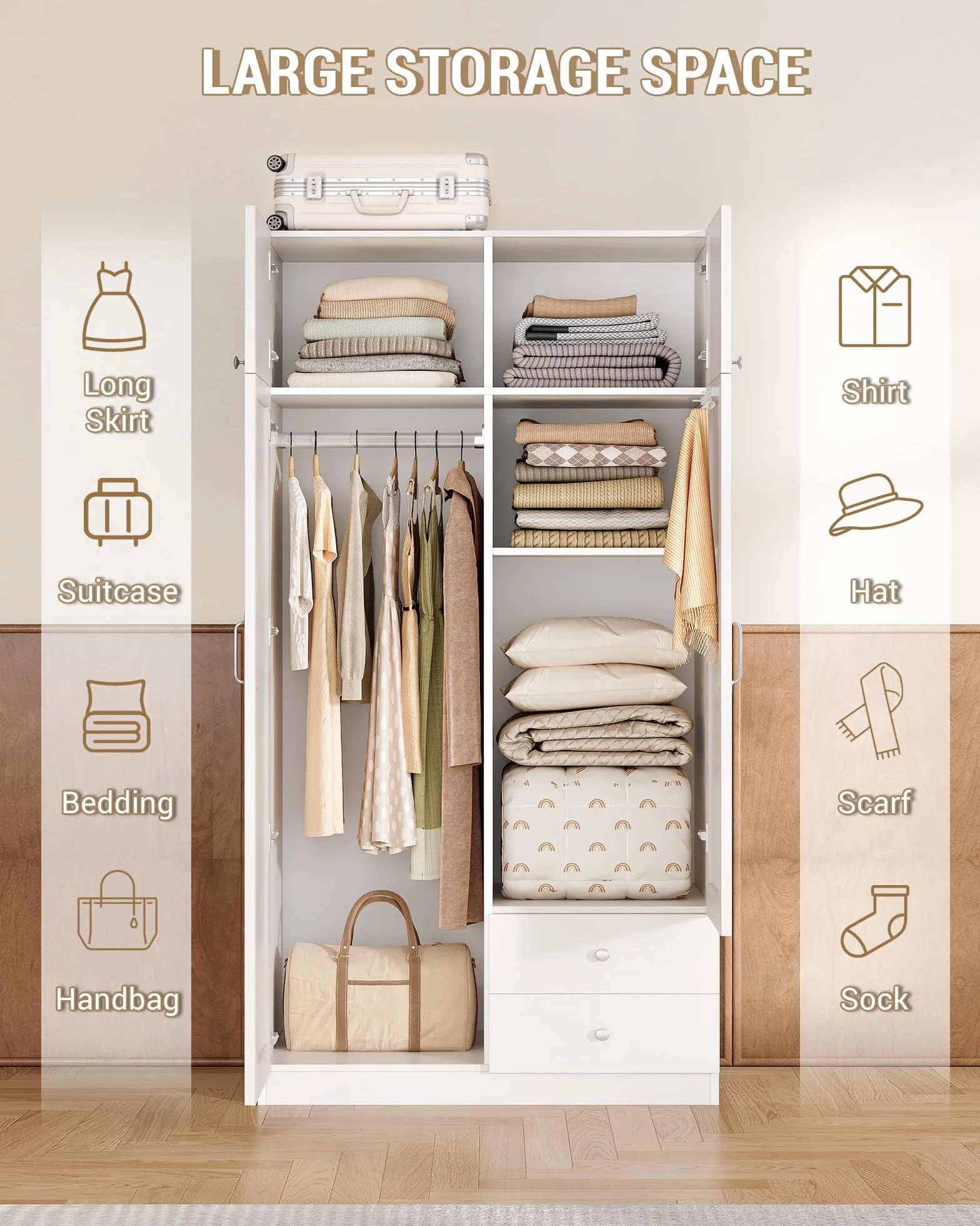 Hzuaneri Armario de 4 Puertas, 45×80×180 cm, Armarios Dormitorio con 2 Cajones y Perchas, 2 Estantes y Ganchos en Los Laterales de Las Puertas, Estilo Moderno y Minimalista, Blanco BW08003E