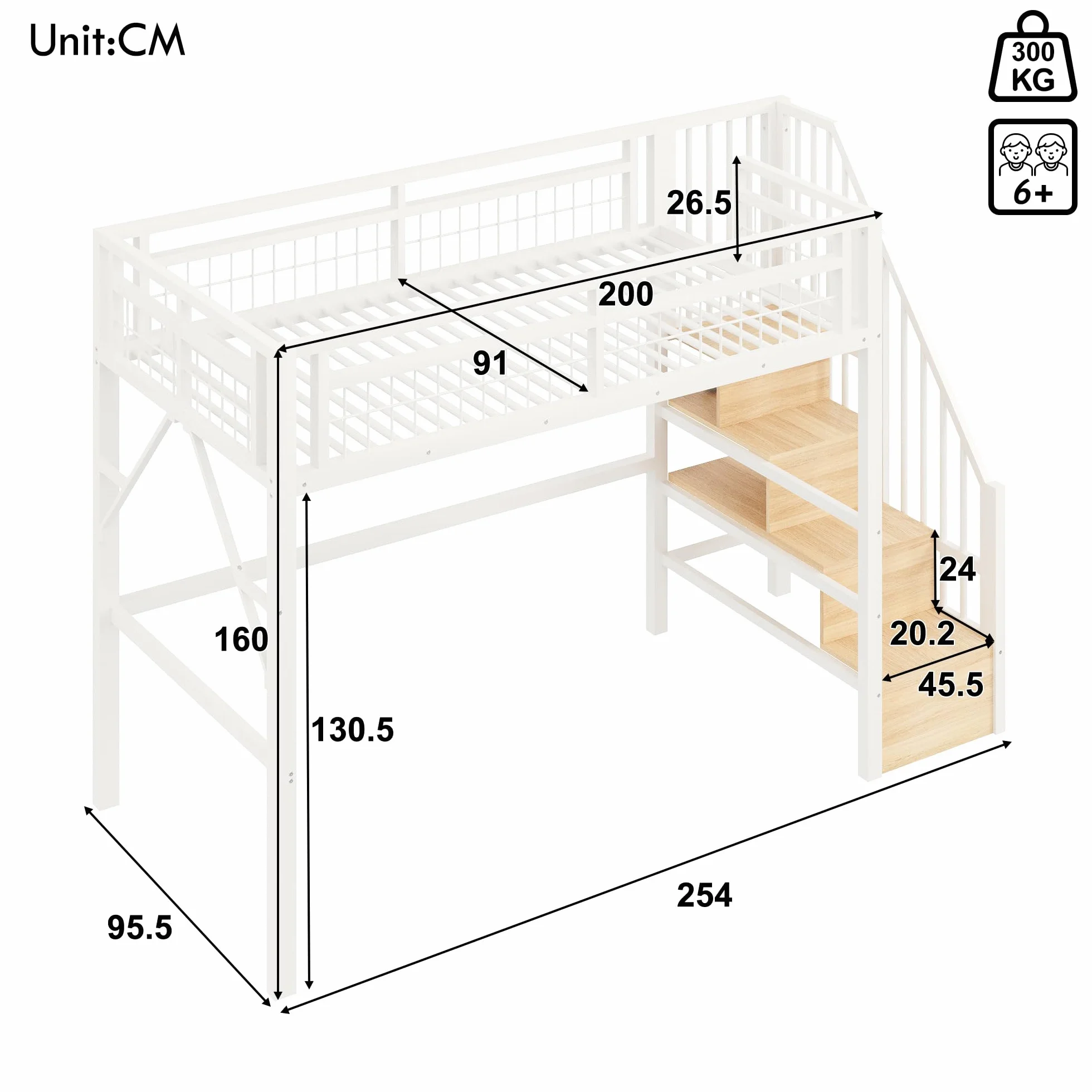 Lubvtti Cama alta de metal 90 x 200 cm con luz LED, cama individual tipo loft, espacio utilizable debajo de la cama, escalera de seguridad con espacio de almacenamiento, blanco (colchón no incluido)