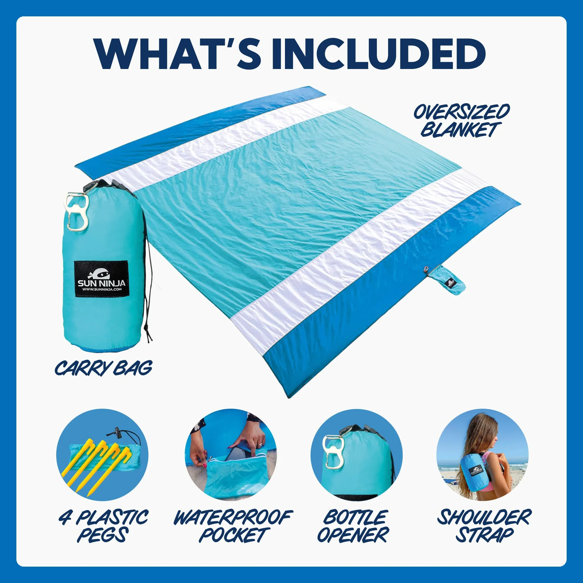 SUN NINJA Sand Proof Beach Blanket 10'x9' Lightweight Quick Dry with Travel Bag