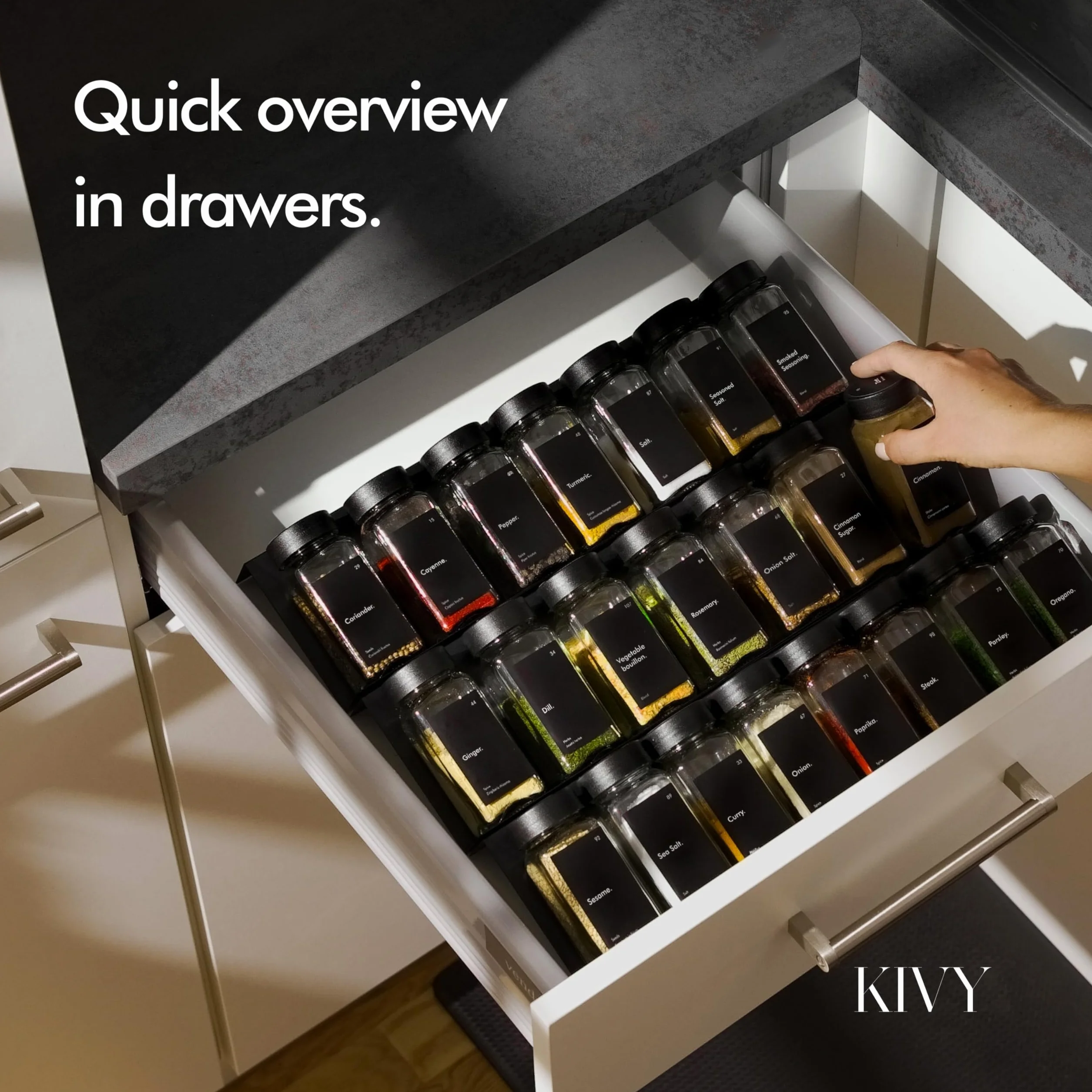 KIVY - Tarros herméticos cuadrados para especias (24 x 120 ml) con tapa de bambú negro (24 x 120 ml) + 240 etiquetas impermeables