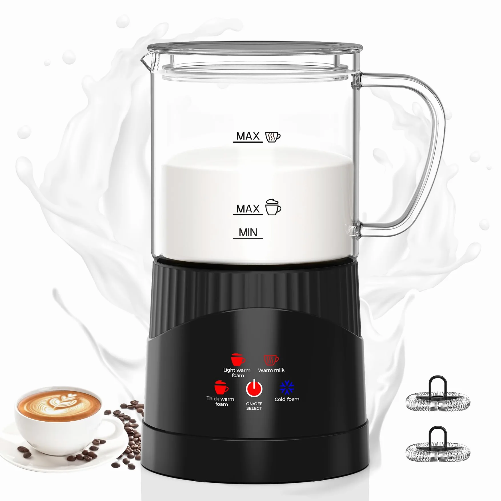 OMISOON Espumador de leche eléctrico 4 en 1 de 400 ml, espumador de leche automático de inducción de 500 W, apagado automático, para espuma de leche fría y caliente, latte macchiato, capuchino, negro