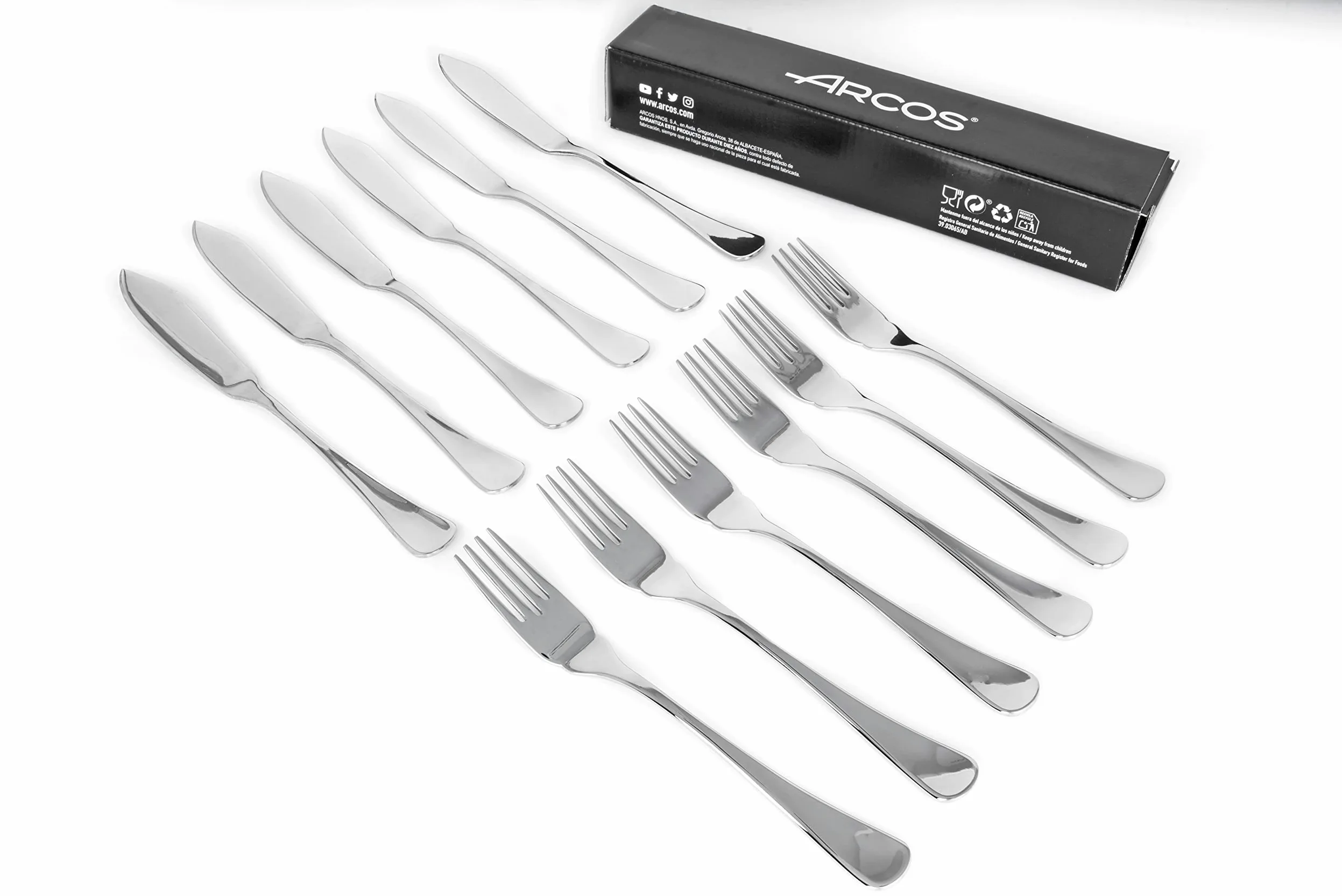 Arcos Madrid Juego 12 Cubiertos de Pescado Acero Inoxidable | 6 cuchillos + 6 tenedores, monoblock de una pieza, en caja de regalo. Serie Madrid. Color plata.