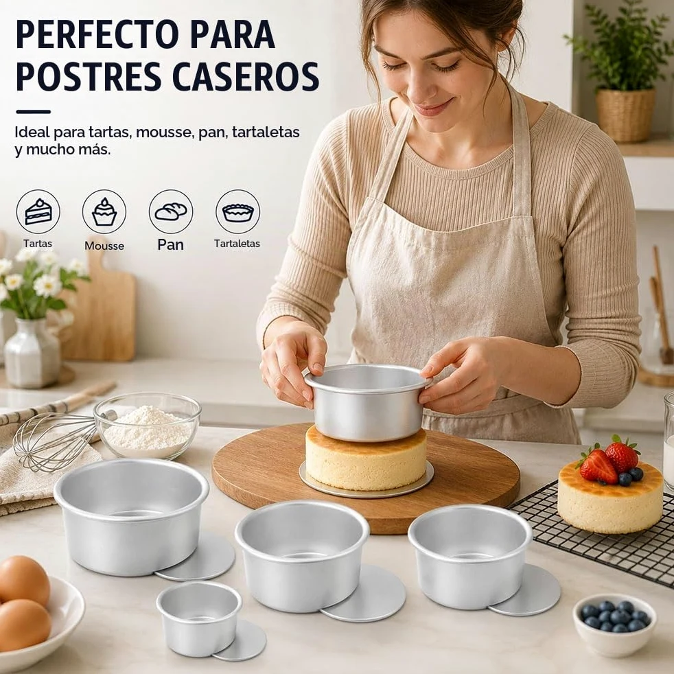 6 Piezas Moldes Reposteria Aluminio Anodizado 10/13/15/18/20/25 cm | Redondo Molde para Pastel con Base Extraíble, Molde Bizcocho Alu Anodizado para Capas de Tarta, Argento