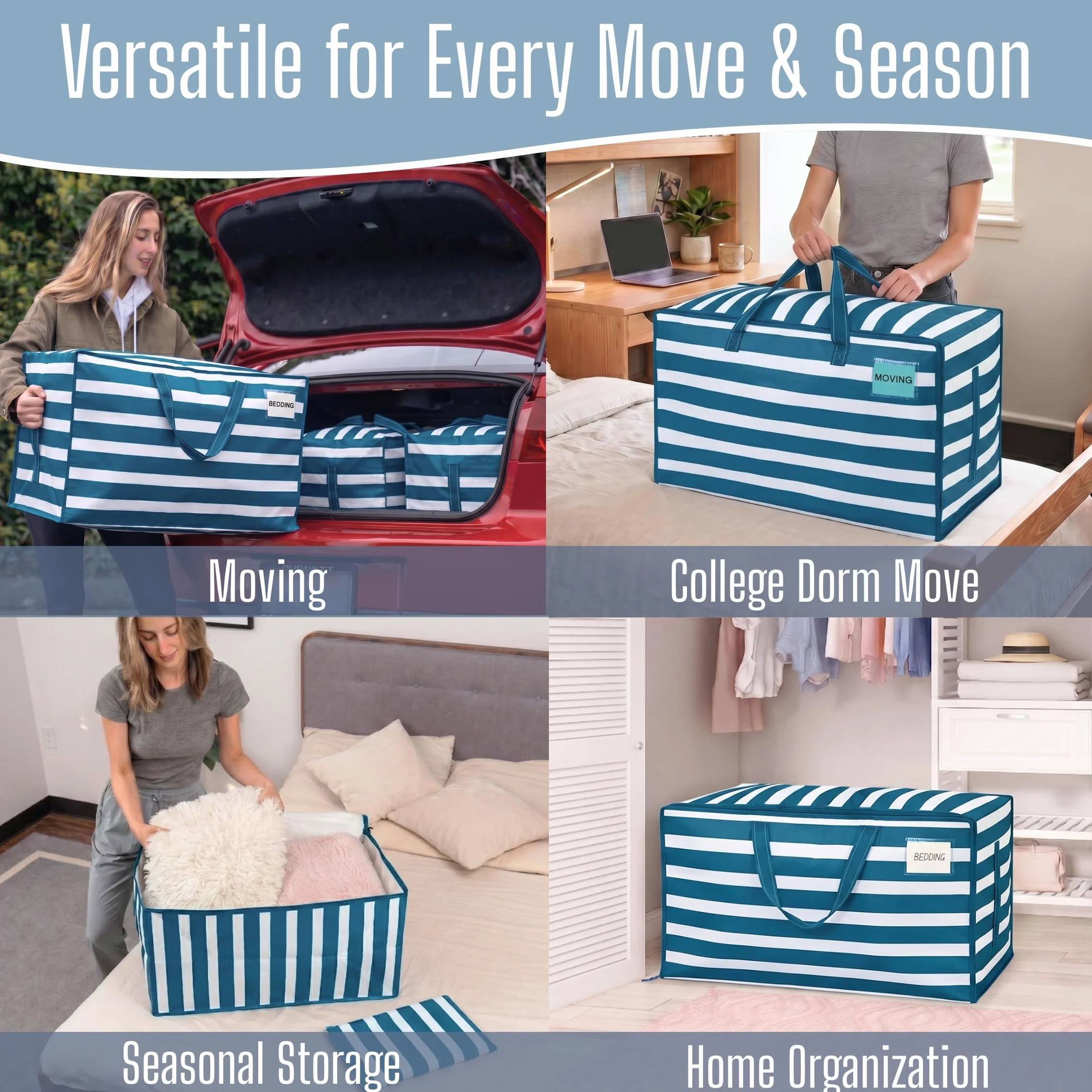 VENO Pack de 4 Bolsa Organizadora Gruesa de Gran Tamaño con Asas Fuertes y Cremalleras para Viajes, Transporte,Universitario, Mudanza, Camping, Embalaje,(Raya Azul Marino, Pack de 4)