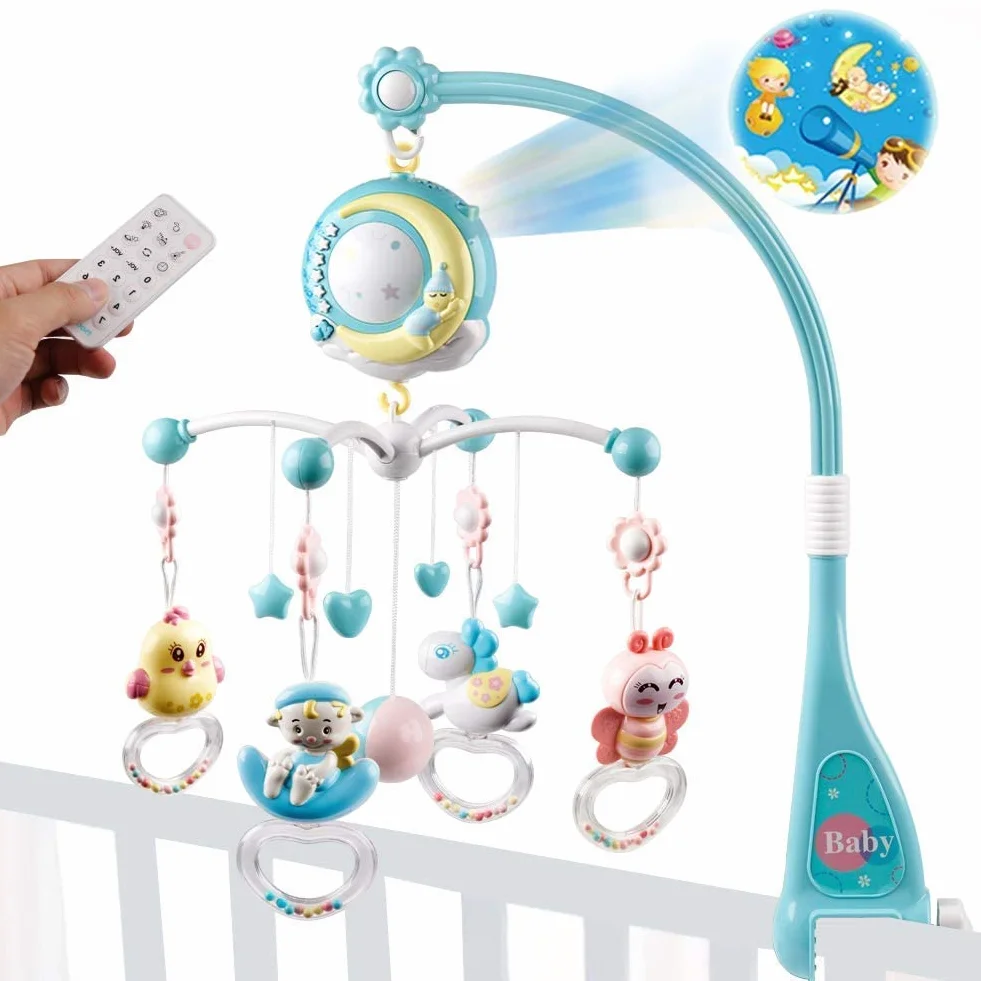 Mini Tudou Móvil para cuna de bebé cuna con musica y luces, función de temporización, Proyección, quitar el sonajero y caja de música, para bebes chicos Niñas pequeñas (azul)