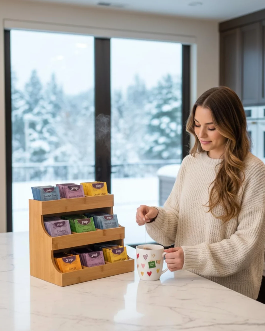 Theodore Organizador Vertical para Bolsas de Té de Bambú, Sostiene 180 Bolsas de Té, Caja de Té de Madera para Almacenamiento de Té para el Hogar, la Oficina o el Café