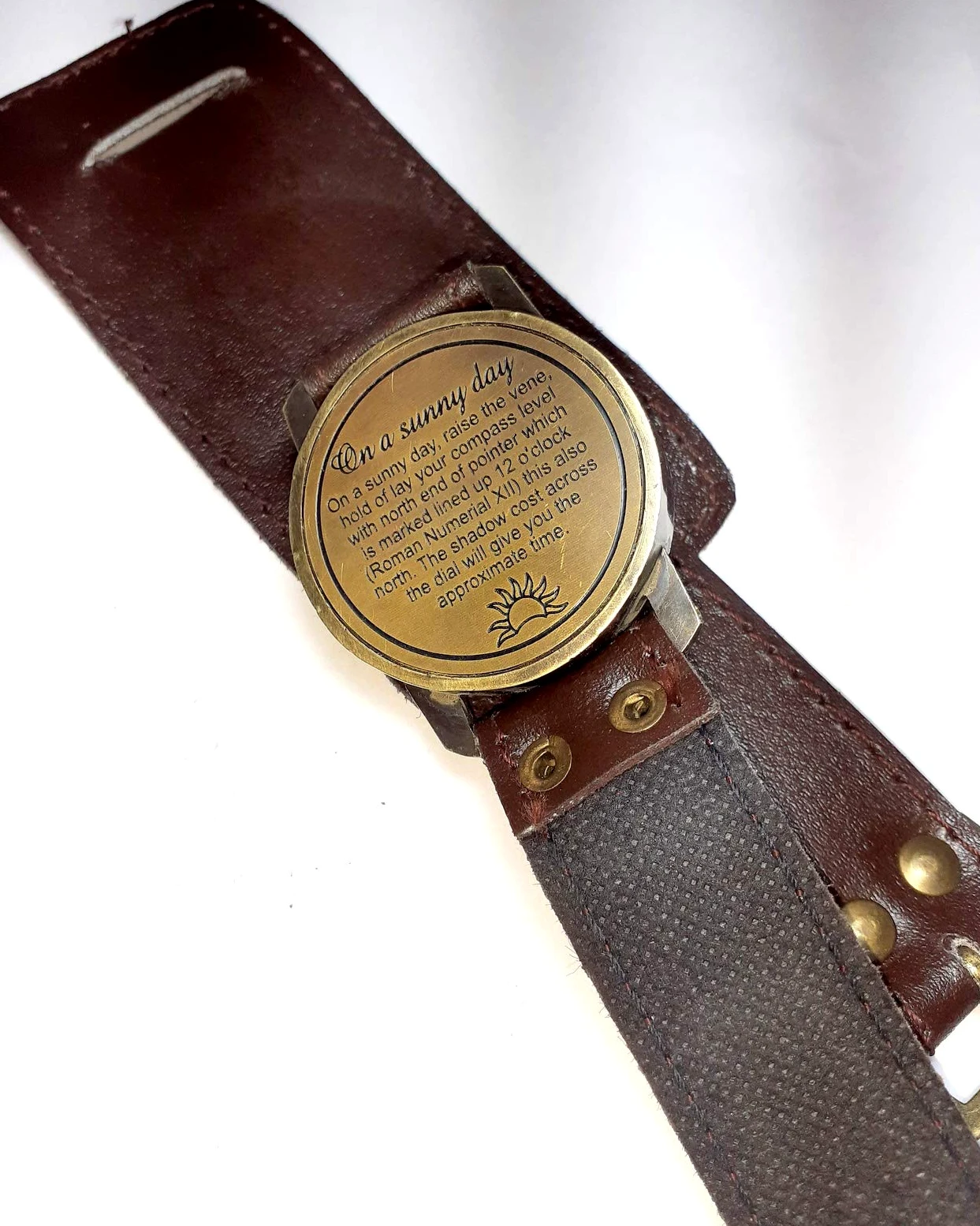 Reloj de pulsera Steampunk con brújula de latón y reloj de sol con correa de cuero, reloj solar de aprox. 15.4 x 6.4 x 2.9 pulgadas, Marrón, Antiguo