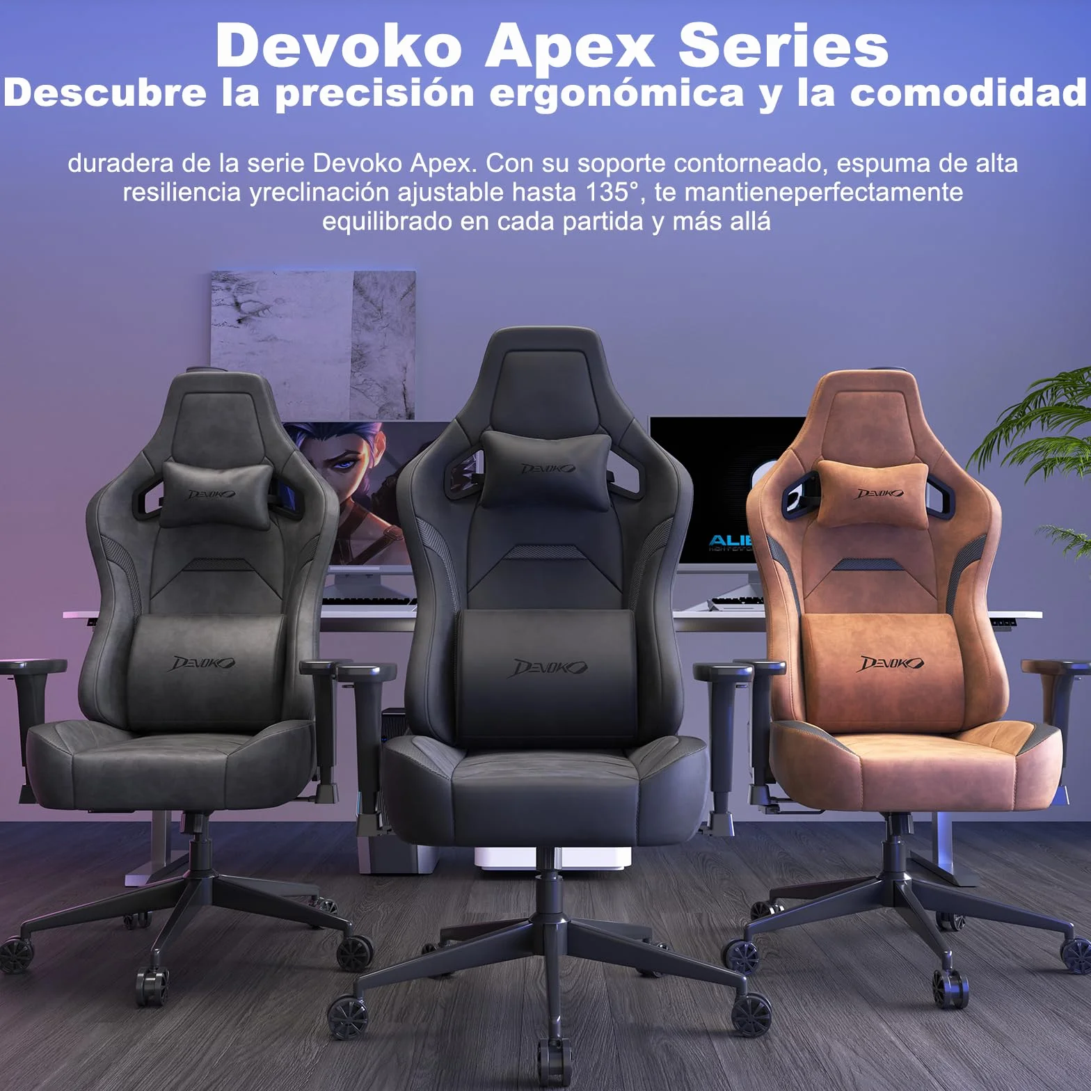 Devoko Silla Gaming Ergonómica para Adultos, con Reposabrazos 3D, Espuma de Alta Densidad, Soporte Lumbar Ajustable, Base Metálica Robusta, Ideal para Juego y Oficina, Negro