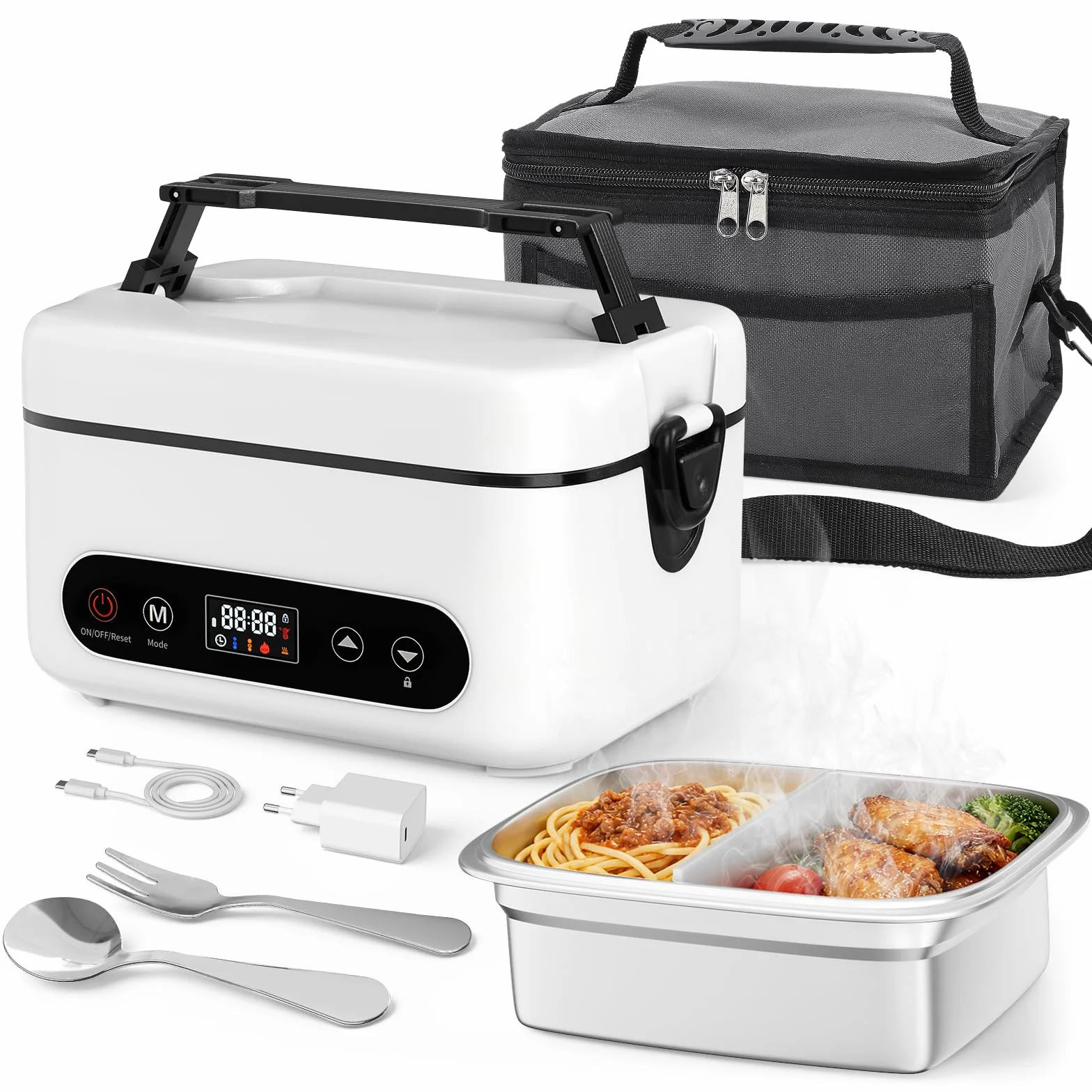 Fiambrera Eléctrica,Fiambrera Recargable Taper Electrico Para Comida, Calentador de Alimentos portátil de 1L con Calentamiento Automático para Oficina, Picnic, cubiertos y bolsa isotérmica