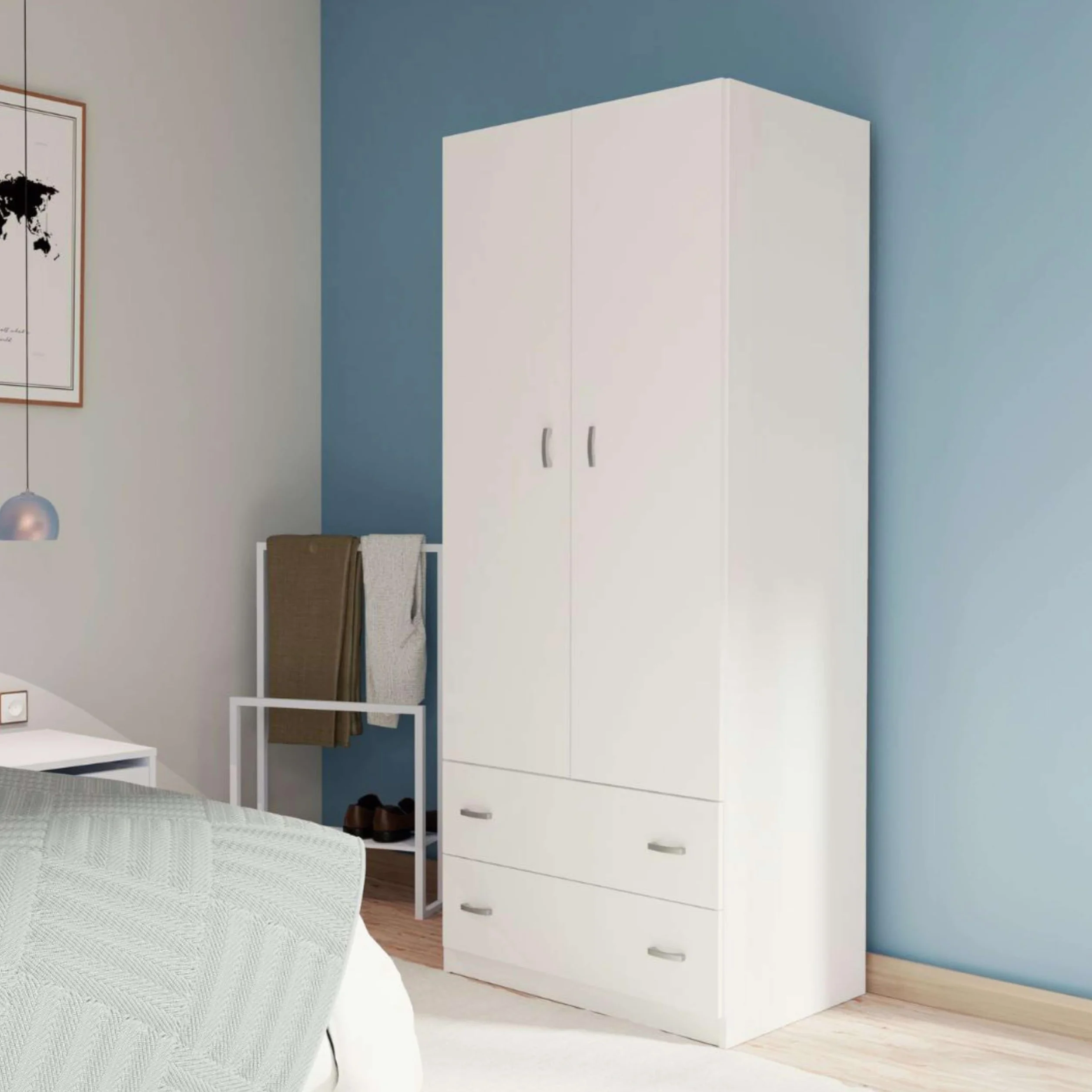 Miroytengo Armario Blanco Juvenil, Infantil, Armario Individual Turín 2 Puertas 2 Cajones Blanco Brillo 74x180 cm