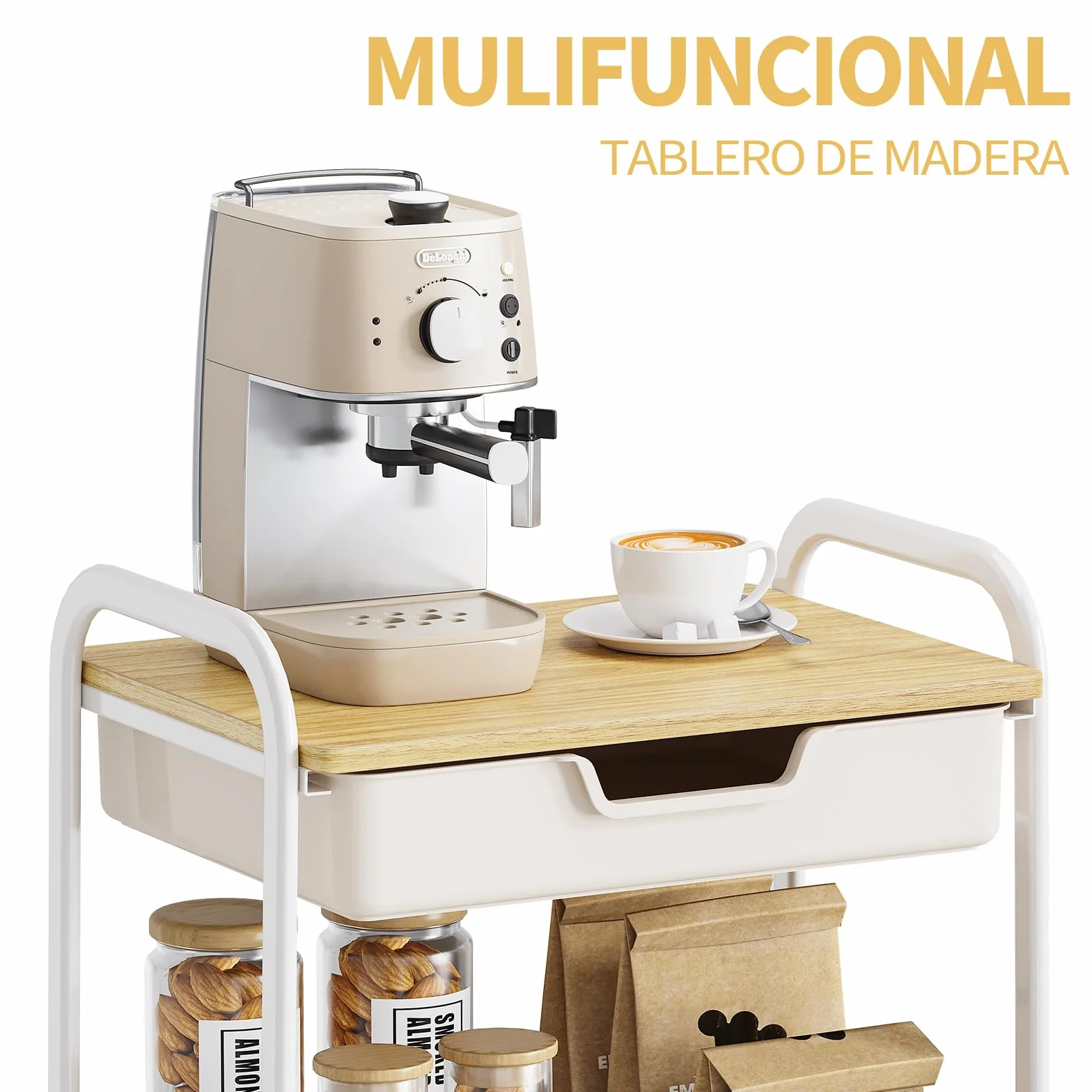 KINGRACK Carro Auxiliar de Cocina de 3 Niveles, Carrito verdulero con Asa, Ruedas, y cajones, para baño peluqueria, con Tapa de Madera, Blanco WKUK830549-1